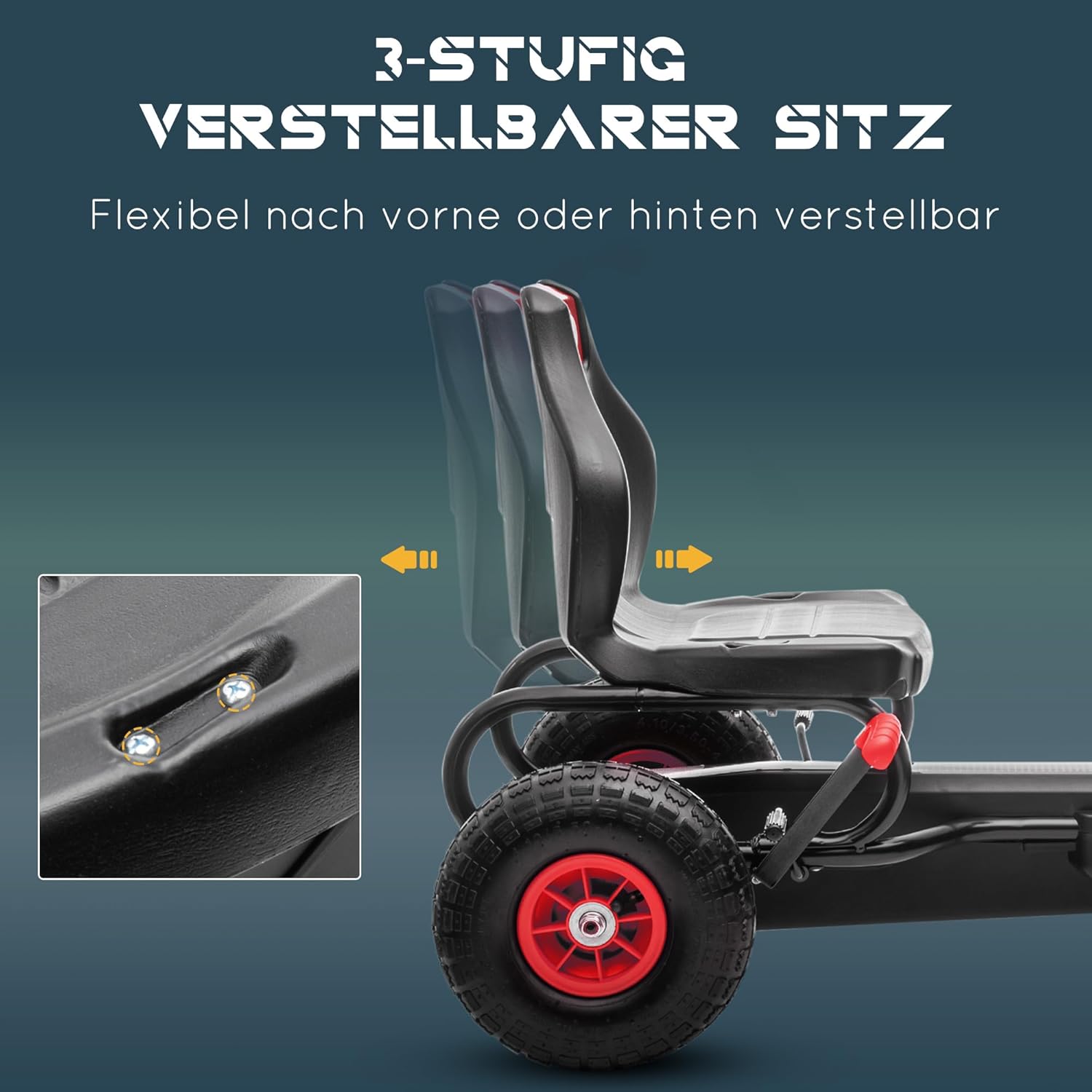 HOMCOM Gokart, Kinderfahrzeug mit 3-stufigen verstellbarem Sitz, Tretfahrzeug mit Gummireifen, Pedal und Handbremse, Kettcar für 5-12 Jahre Kinder bis 50 kg, Outdoor, Rot — Ansicht 3