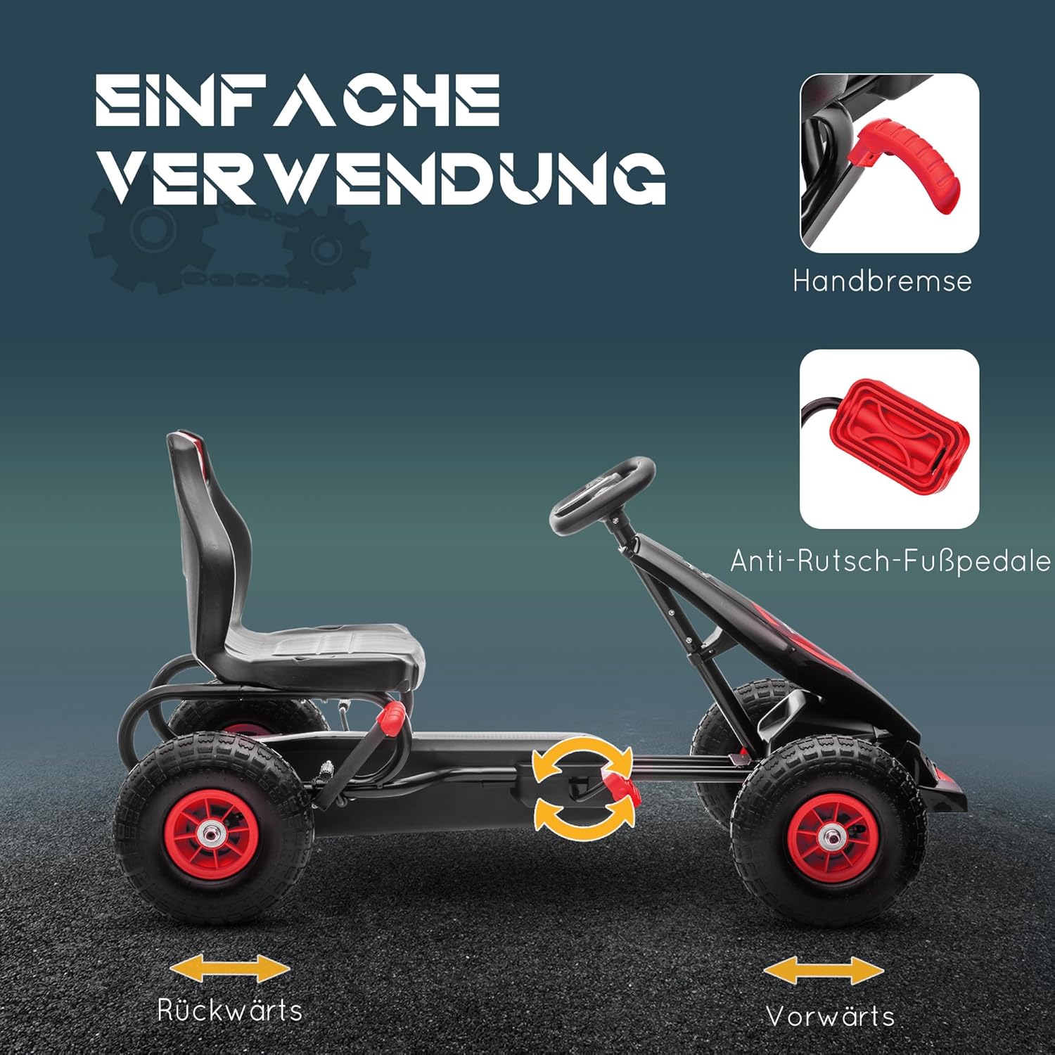 HOMCOM Gokart, Kinderfahrzeug mit 3-stufigen verstellbarem Sitz, Tretfahrzeug mit Gummireifen, Pedal und Handbremse, Kettcar für 5-12 Jahre Kinder bis 50 kg, Outdoor, Rot — Ansicht 4