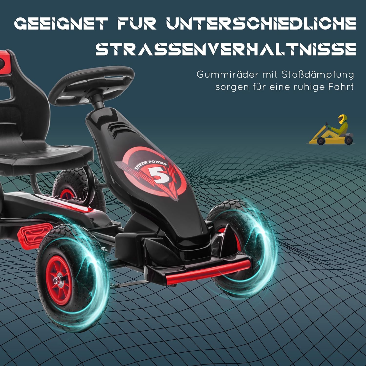 HOMCOM Gokart, Kinderfahrzeug mit 3-stufigen verstellbarem Sitz, Tretfahrzeug mit Gummireifen, Pedal und Handbremse, Kettcar für 5-12 Jahre Kinder bis 50 kg, Outdoor, Rot — Ansicht 5