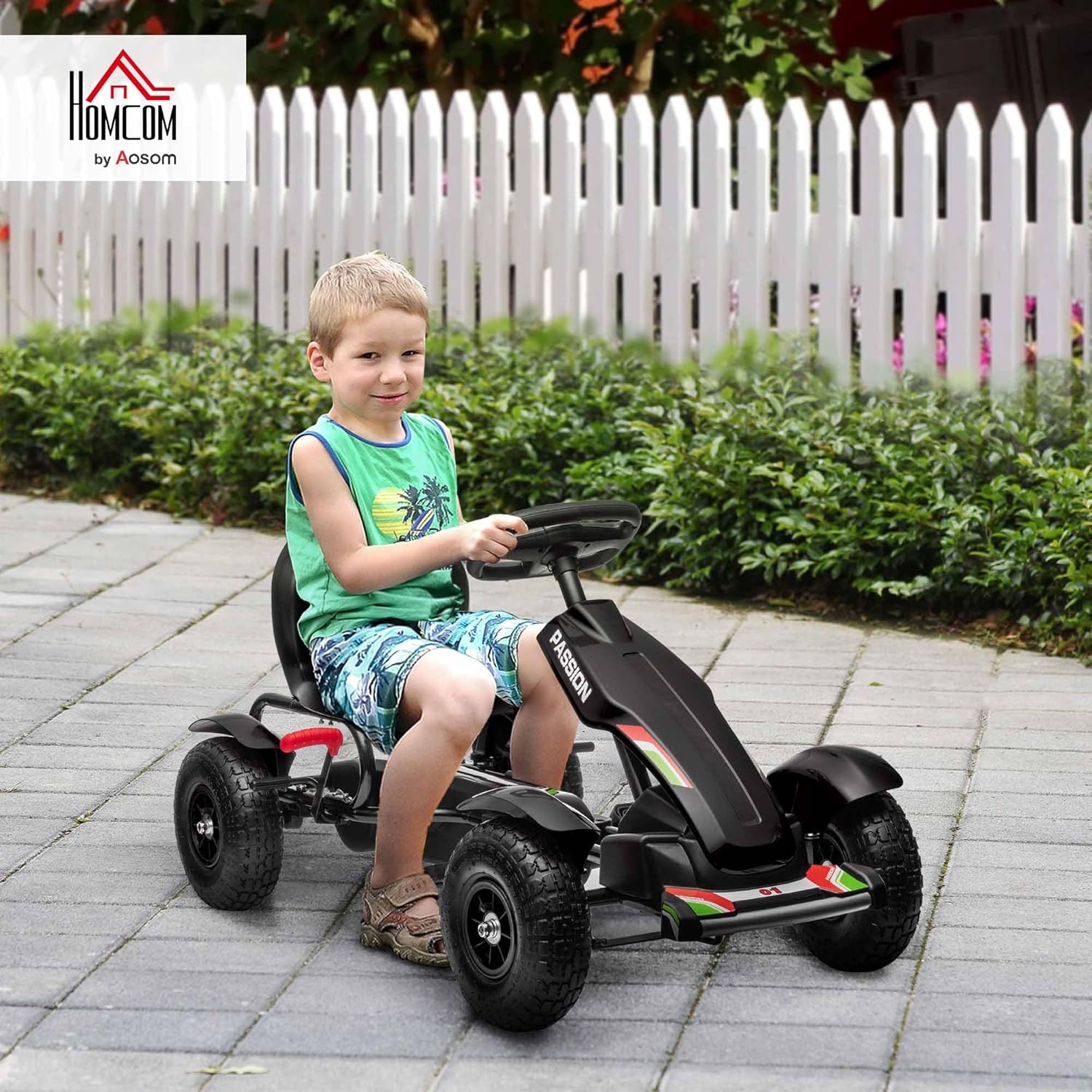 HOMCOM Gokart Tretauto mit Handbremse, verstellbarem Sitz, Vor- und Rückwärtsgang, Tretfahrzeug Kinderspielzeug Kinderfahrzeug Kettcar Pedal-Gokart für Kinder 5-12 Jahren Schwarz — Ansicht 2