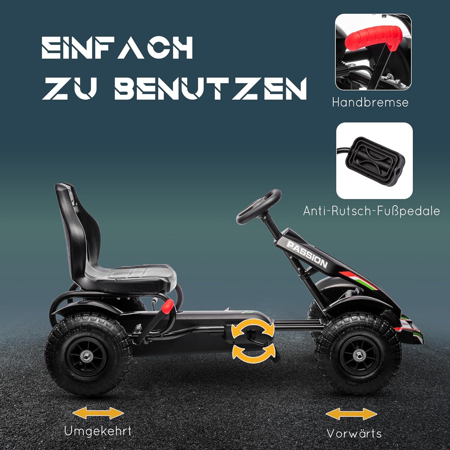 HOMCOM Gokart Tretauto mit Handbremse, verstellbarem Sitz, Vor- und Rückwärtsgang, Tretfahrzeug Kinderspielzeug Kinderfahrzeug Kettcar Pedal-Gokart für Kinder 5-12 Jahren Schwarz — Ansicht 4