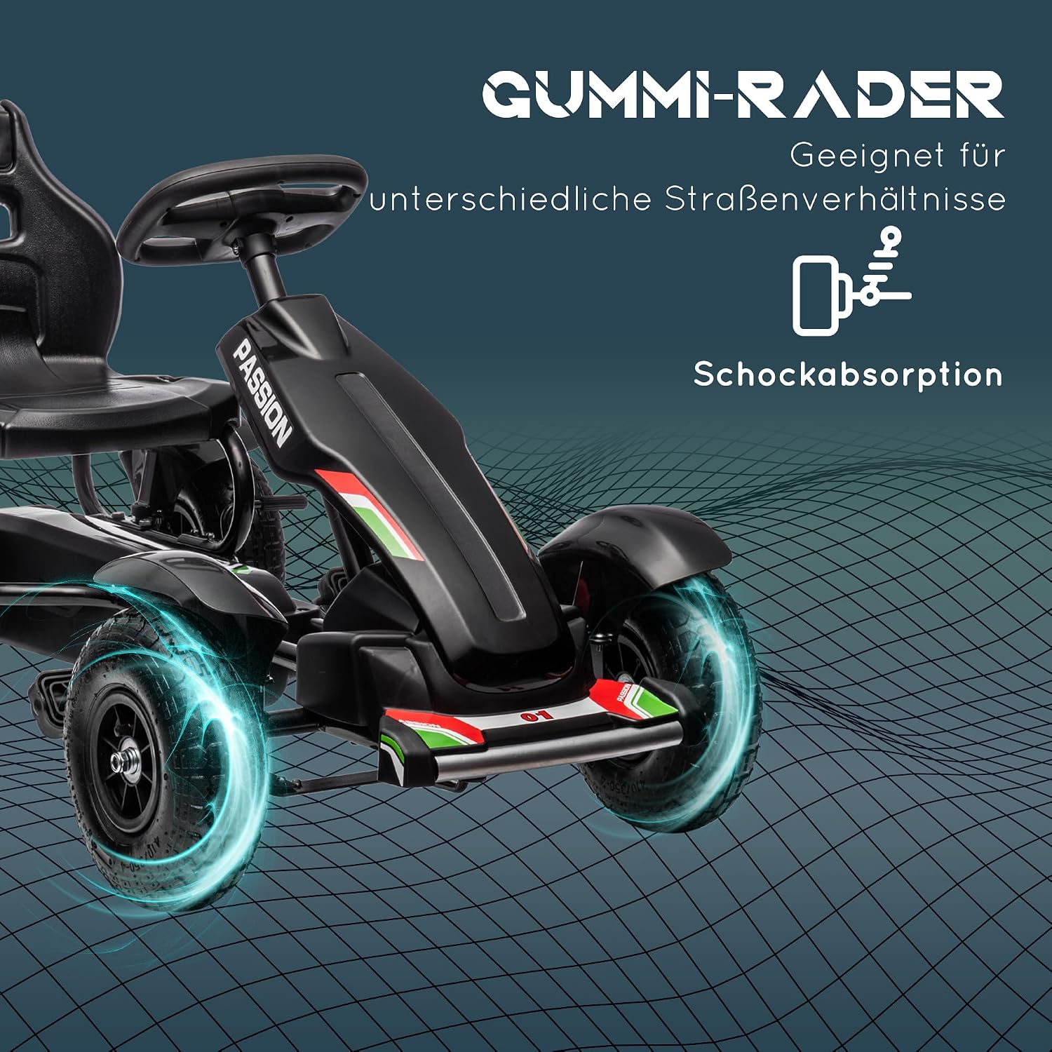 HOMCOM Gokart Tretauto mit Handbremse, verstellbarem Sitz, Vor- und Rückwärtsgang, Tretfahrzeug Kinderspielzeug Kinderfahrzeug Kettcar Pedal-Gokart für Kinder 5-12 Jahren Schwarz — Ansicht 5