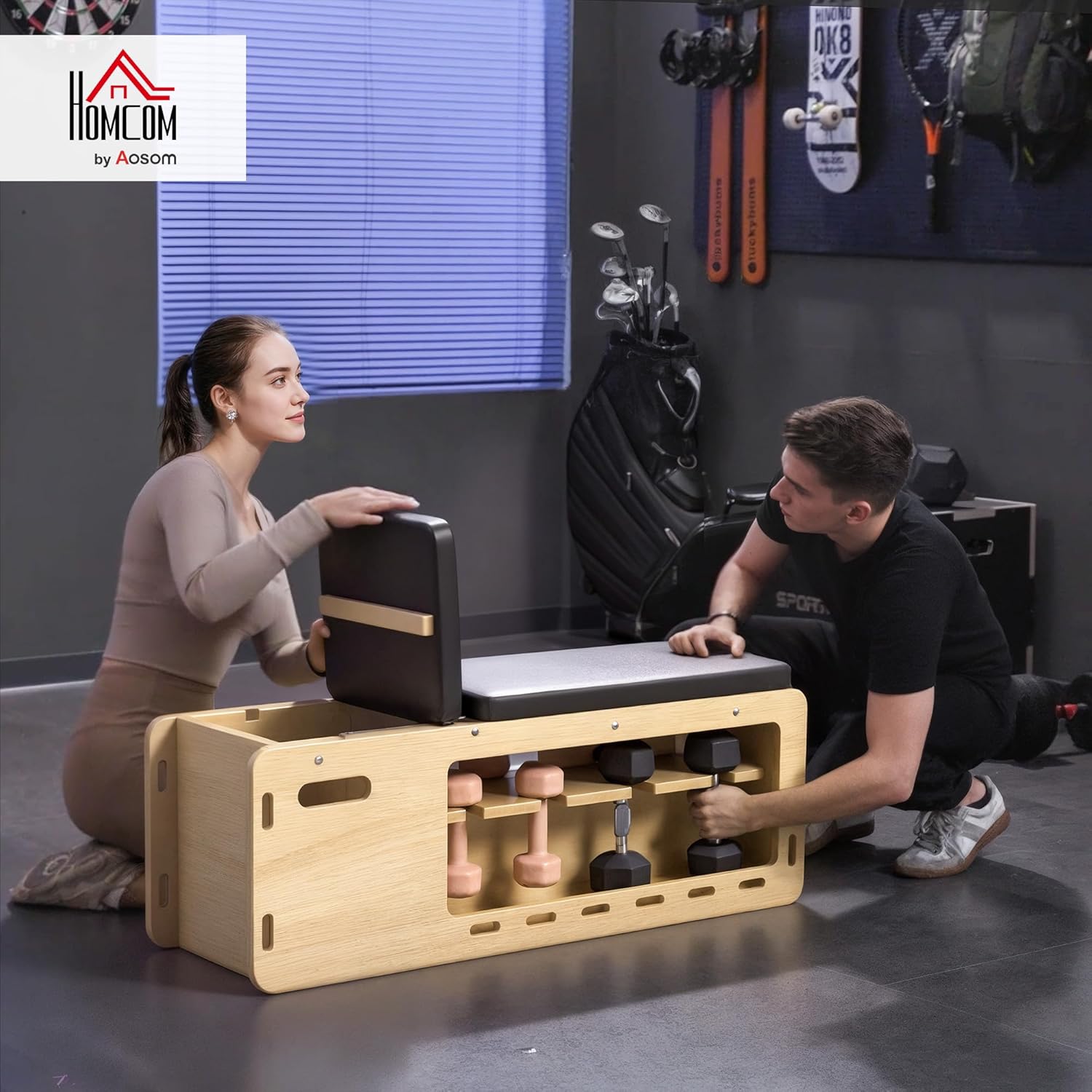 HOMCOM Hantelbank, Trainingsbank mit Aufbewahrungsbox und Widerstandsbändern, Verstellbare Fitnessbank für Gewichtheben, Krafttraining, Massivholz — Ansicht 2