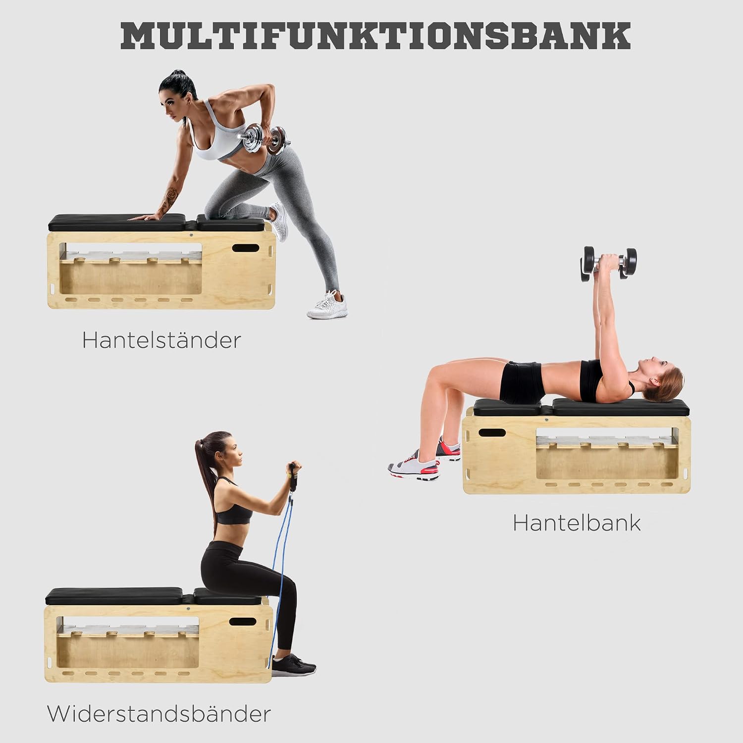 HOMCOM Hantelbank, Trainingsbank mit Aufbewahrungsbox und Widerstandsbändern, Verstellbare Fitnessbank für Gewichtheben, Krafttraining, Massivholz — Ansicht 3