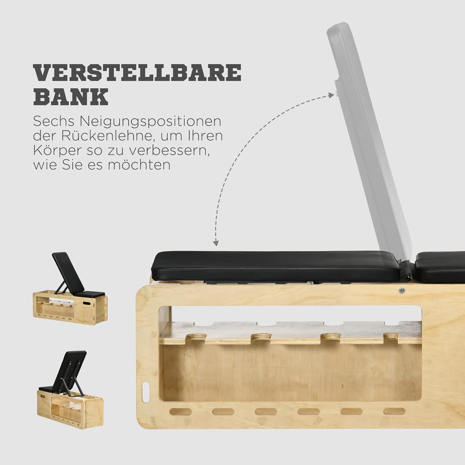 HOMCOM Hantelbank, Trainingsbank mit Aufbewahrungsbox und Widerstandsbändern, Verstellbare Fitnessbank für Gewichtheben, Krafttraining, Massivholz — Ansicht 4
