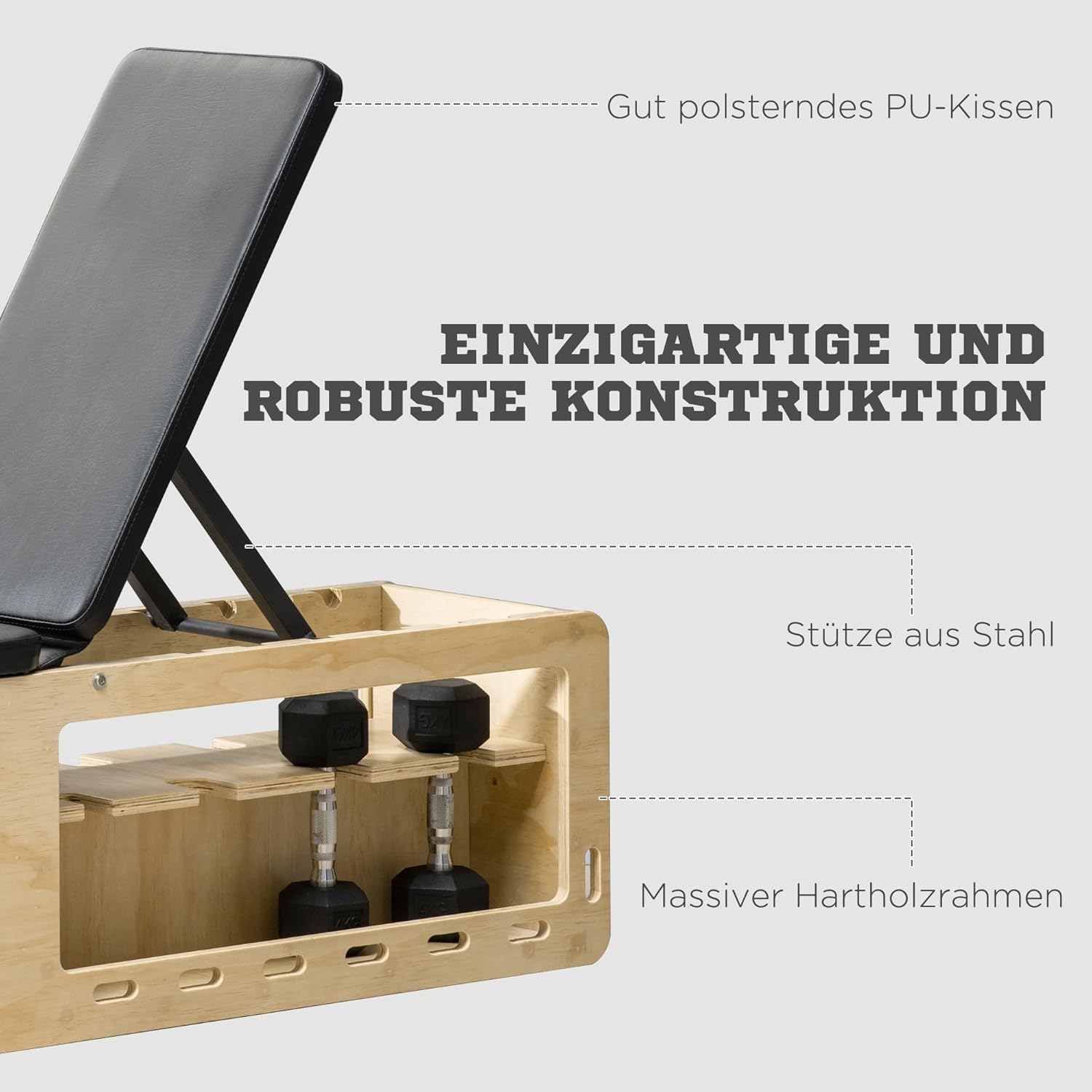 HOMCOM Hantelbank, Trainingsbank mit Aufbewahrungsbox und Widerstandsbändern, Verstellbare Fitnessbank für Gewichtheben, Krafttraining, Massivholz — Ansicht 6