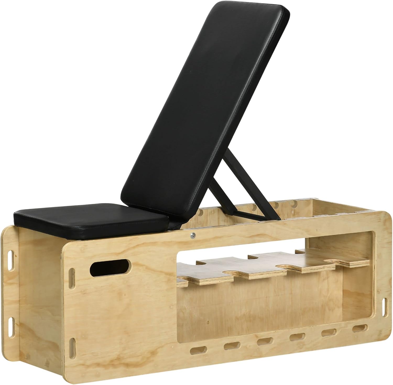 HOMCOM Hantelbank, Trainingsbank mit Aufbewahrungsbox und Widerstandsbändern, Verstellbare Fitnessbank für Gewichtheben, Krafttraining, Massivholz