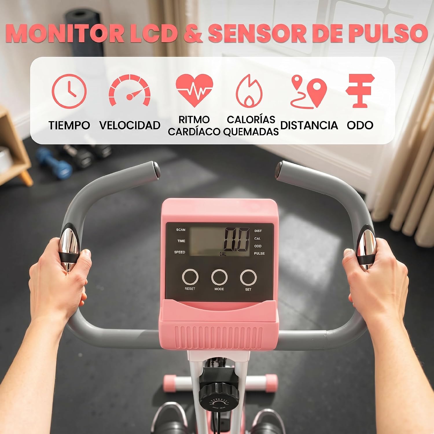 HOMCOM Heimtrainer 2-in-1 Fahrradtrainer mit LCD-Display Pulsmesser verstellbar Sitz Räder, klappbarer Hometrainer Trimmrad mit 8 stufig Magnetwiderstand, Spannseil, Stahl — Ansicht 3
