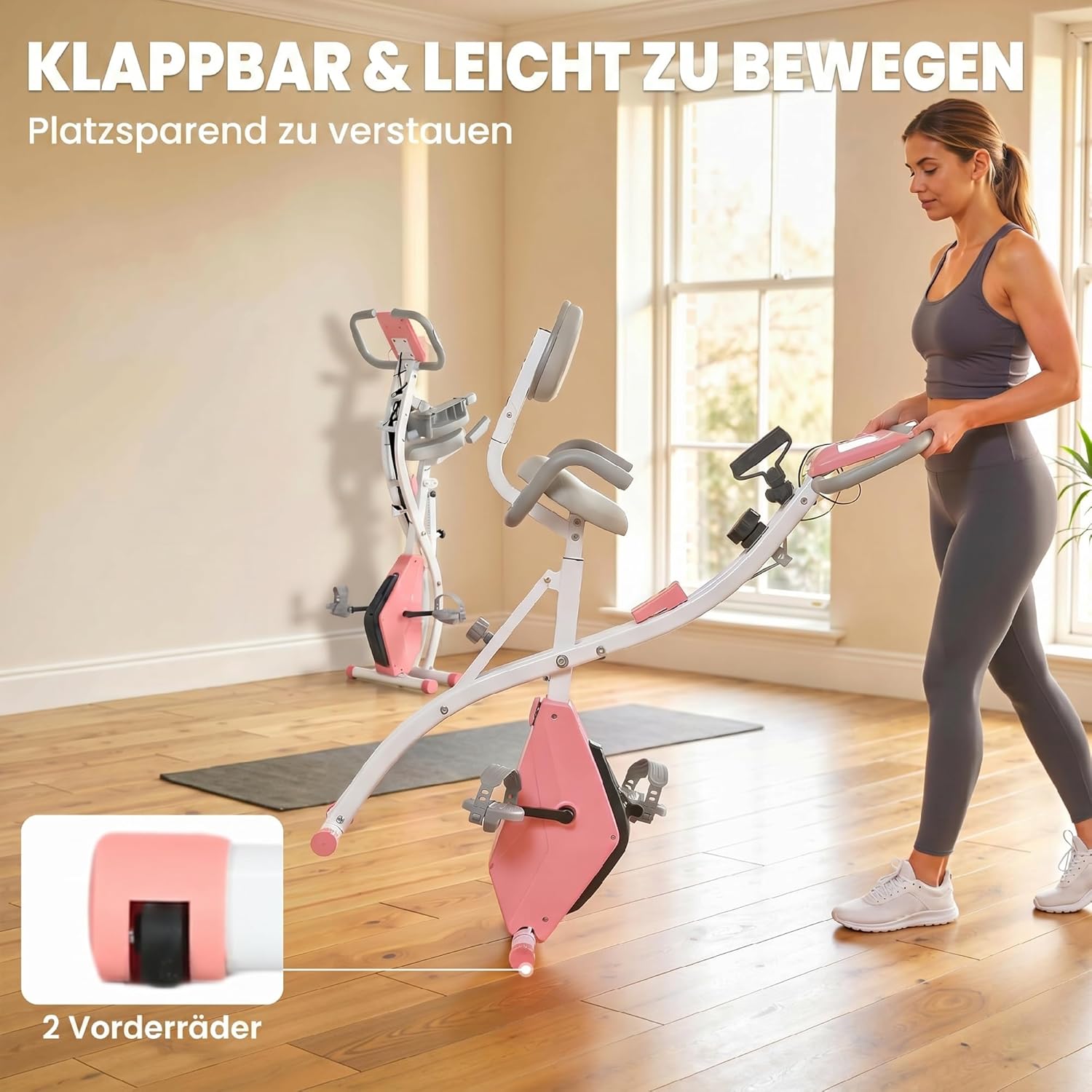 HOMCOM Heimtrainer 2-in-1 Fahrradtrainer mit LCD-Display Pulsmesser verstellbar Sitz Räder, klappbarer Hometrainer Trimmrad mit 8 stufig Magnetwiderstand, Spannseil, Stahl — Ansicht 6