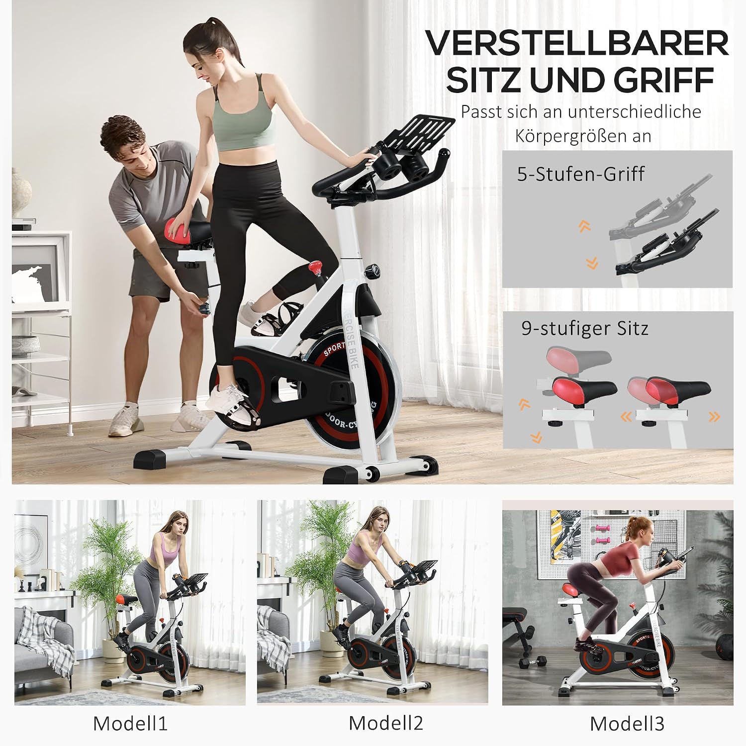 HOMCOM Heimtrainer Leiser Fahrrad Hometrainer Fahrrad mit LCD-Display, verstellbarem Sitz, Rollen, Indoor Fitnessbike mit Becherhalter für Zuhause, Stahl, weiß — Ansicht 5