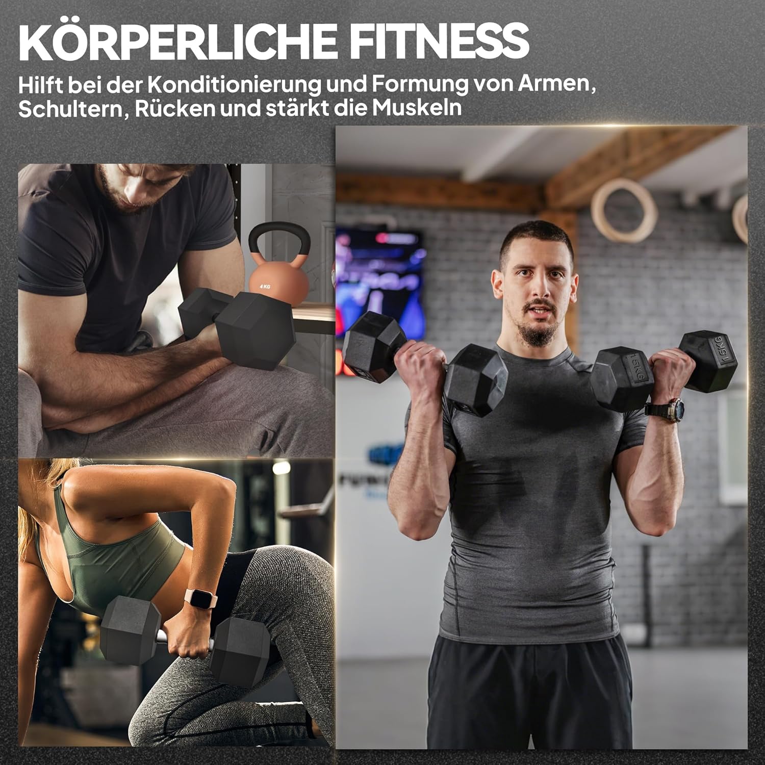 HOMCOM Hexagon Hanteln, 2er Set Hanteln mit gerändeltem Griff, Kurzhantelset aus Gusseisen, 2 x 4 kg, Kurzhanteln für Männer Frauen, Zuhause, Fitnessstudio, Krafttraining — Ansicht 6