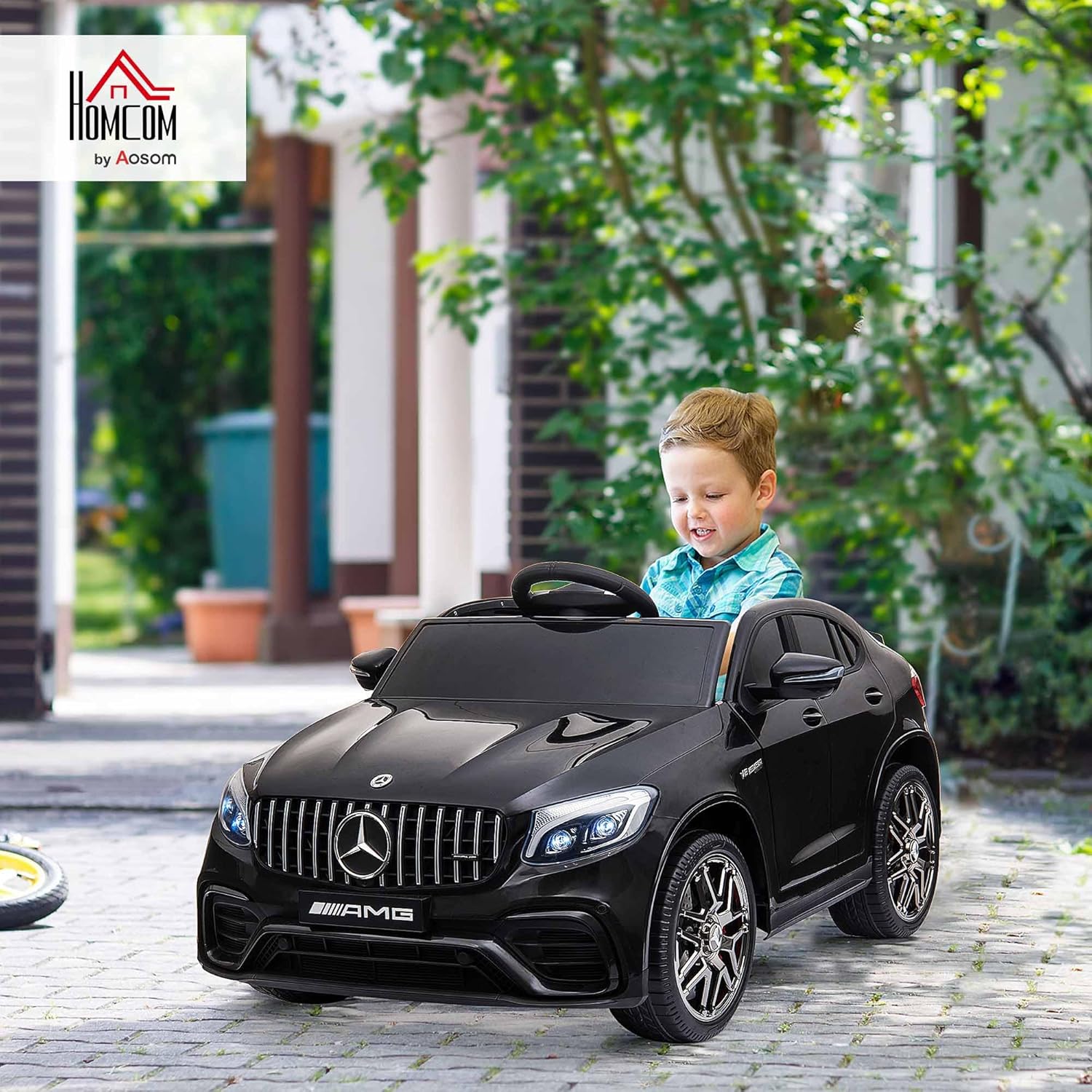 HOMCOM Kinder Elektroauto 12V Kinderauto mit 2,4 G Fernbedienung, 2 Motor, Kinderfahrzeug mit Hupe, Musik, Sicherheitsgurt, Elektrofahrzeug für 37-60 Monate Kinder, Schwarz — Ansicht 2