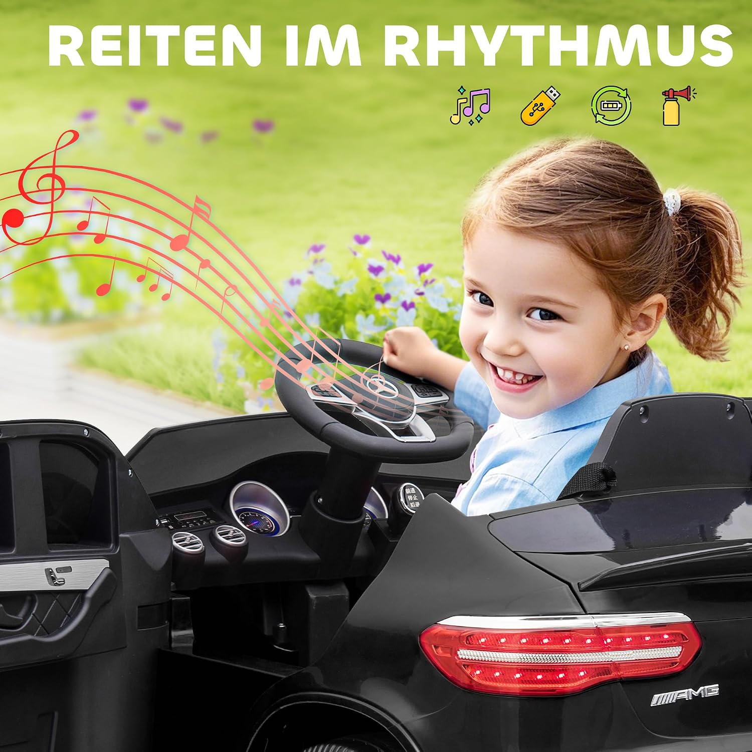 HOMCOM Kinder Elektroauto 12V Kinderauto mit 2,4 G Fernbedienung, 2 Motor, Kinderfahrzeug mit Hupe, Musik, Sicherheitsgurt, Elektrofahrzeug für 37-60 Monate Kinder, Schwarz — Ansicht 6