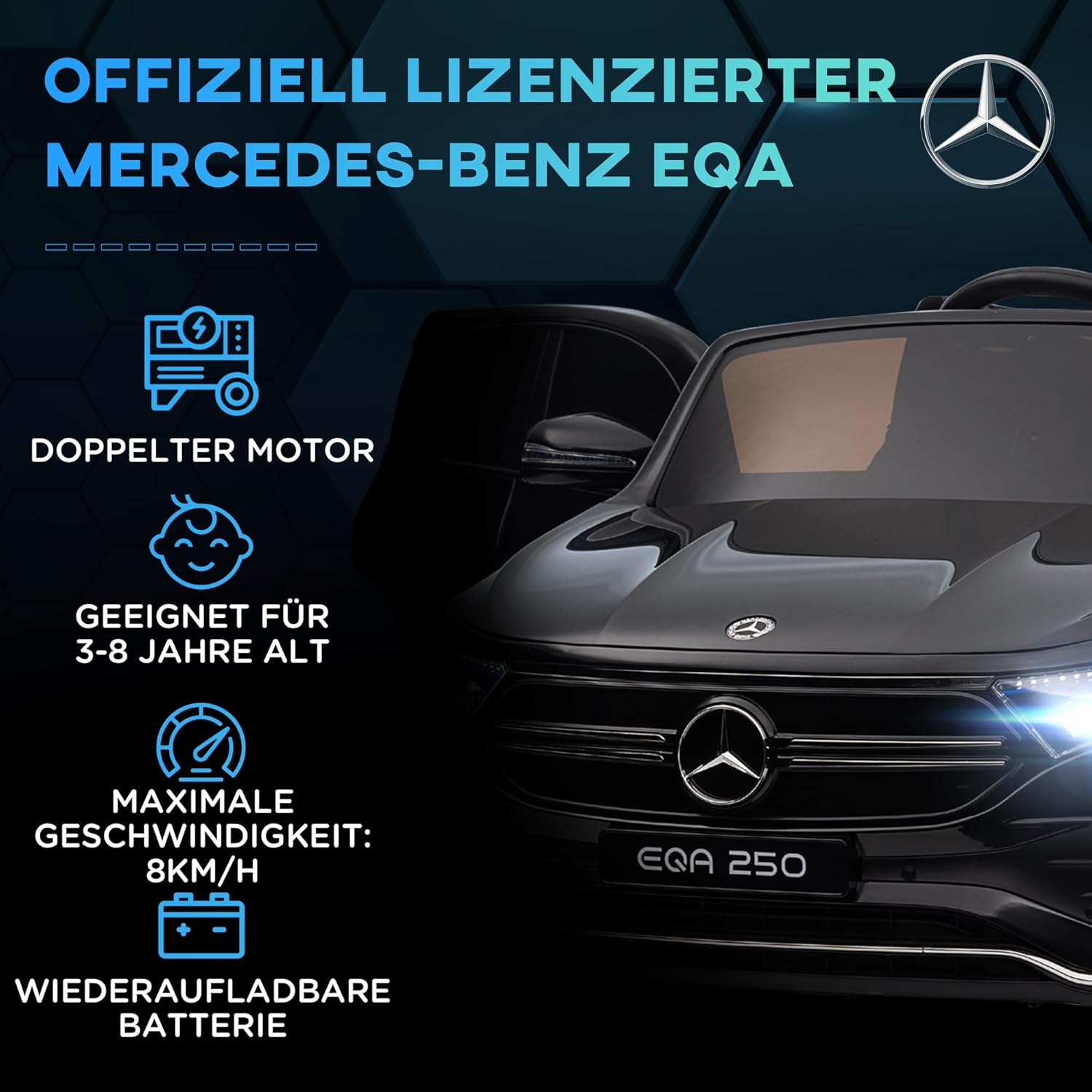 HOMCOM Kinder Elektroauto Mercedes-Benz EQA 12V Elektro Kinderauto mit 2,4GHz Fernbedienung, Elektrofahrzeug mit Doppelmotor, MP3, Scheinwerfer, 3-8 km/h Kinderfahrzeug für 3-8 Jahre, Schwarz — Ansicht 3