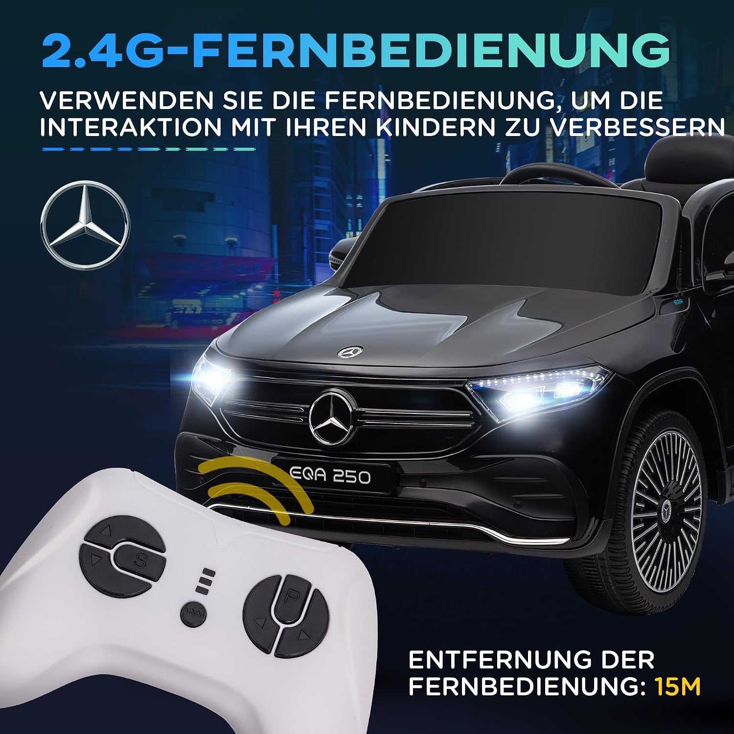 HOMCOM Kinder Elektroauto Mercedes-Benz EQA 12V Elektro Kinderauto mit 2,4GHz Fernbedienung, Elektrofahrzeug mit Doppelmotor, MP3, Scheinwerfer, 3-8 km/h Kinderfahrzeug für 3-8 Jahre, Schwarz — Ansicht 4