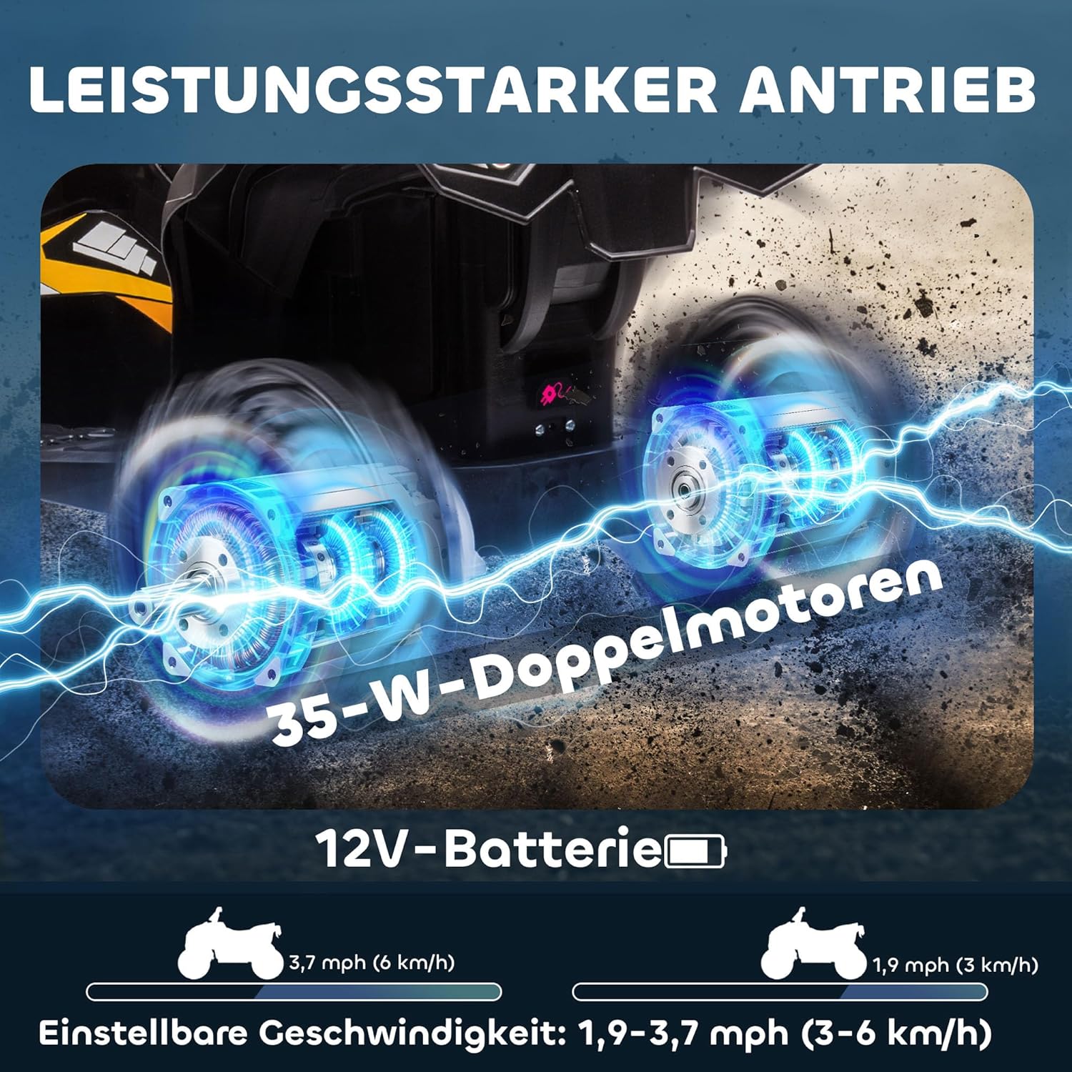 HOMCOM Kinder Quad Elektro 12V Kinderquad mit 35W Motor, Vorwärts-, Rückwärtsfunktion, Musik, USB-Anschluss, Hupe, LED-Scheinwerfer 3-6km/h Elektro-Quad für Kinder 3-5 Jahre Gelb — Ansicht 3