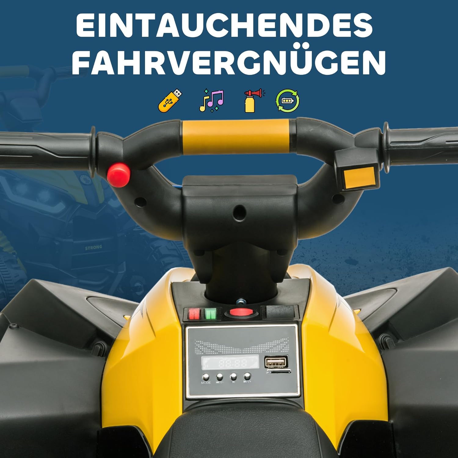 HOMCOM Kinder Quad Elektro 12V Kinderquad mit 35W Motor, Vorwärts-, Rückwärtsfunktion, Musik, USB-Anschluss, Hupe, LED-Scheinwerfer 3-6km/h Elektro-Quad für Kinder 3-5 Jahre Gelb — Ansicht 5