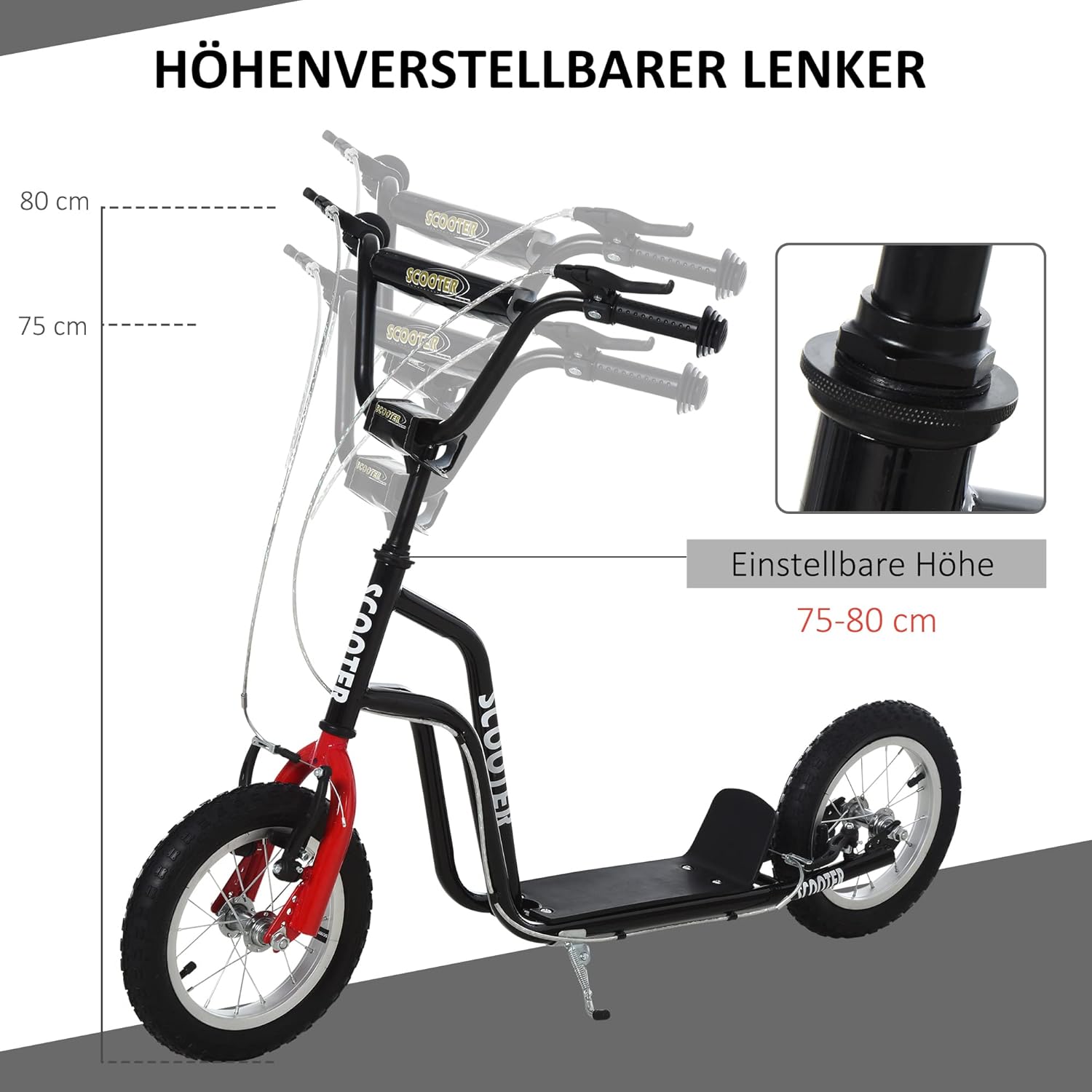 HOMCOM Kinderroller Lenker Verstellbar Scooter Tretroller Cityroller Kinder Roller Kickboard mit Luftreifen 12 Zoll ab 5 Jahre 120 x 58 x 75-80 cm — Ansicht 5
