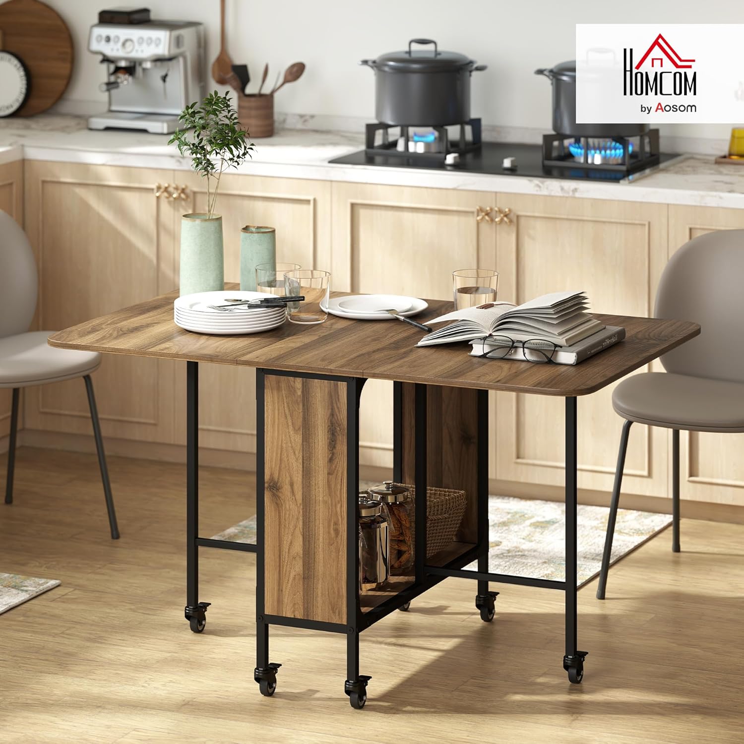 HOMCOM Klappbarer Esstisch Mobiler Klapptisch mit Offenem Regal Esszimmertisch mit Holzoptik Küchentisch für Kleine Räume, Küche, Esszimmer 130 x 80 x 74 cm Braun — Ansicht 2