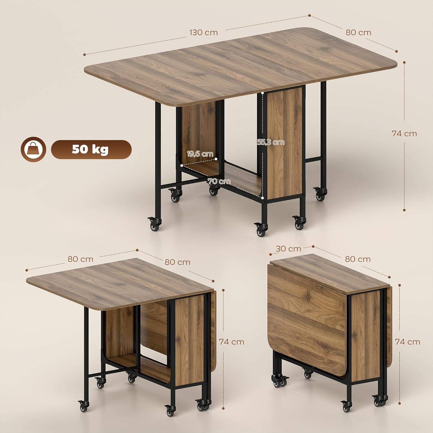 HOMCOM Klappbarer Esstisch Mobiler Klapptisch mit Offenem Regal Esszimmertisch mit Holzoptik Küchentisch für Kleine Räume, Küche, Esszimmer 130 x 80 x 74 cm Braun — Ansicht 3
