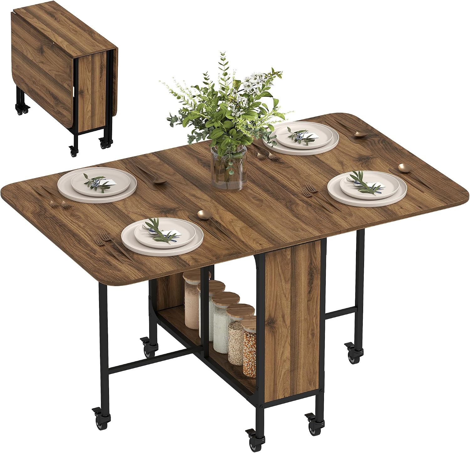 HOMCOM Klappbarer Esstisch Mobiler Klapptisch mit Offenem Regal Esszimmertisch mit Holzoptik Küchentisch für Kleine Räume, Küche, Esszimmer 130 x 80 x 74 cm Braun