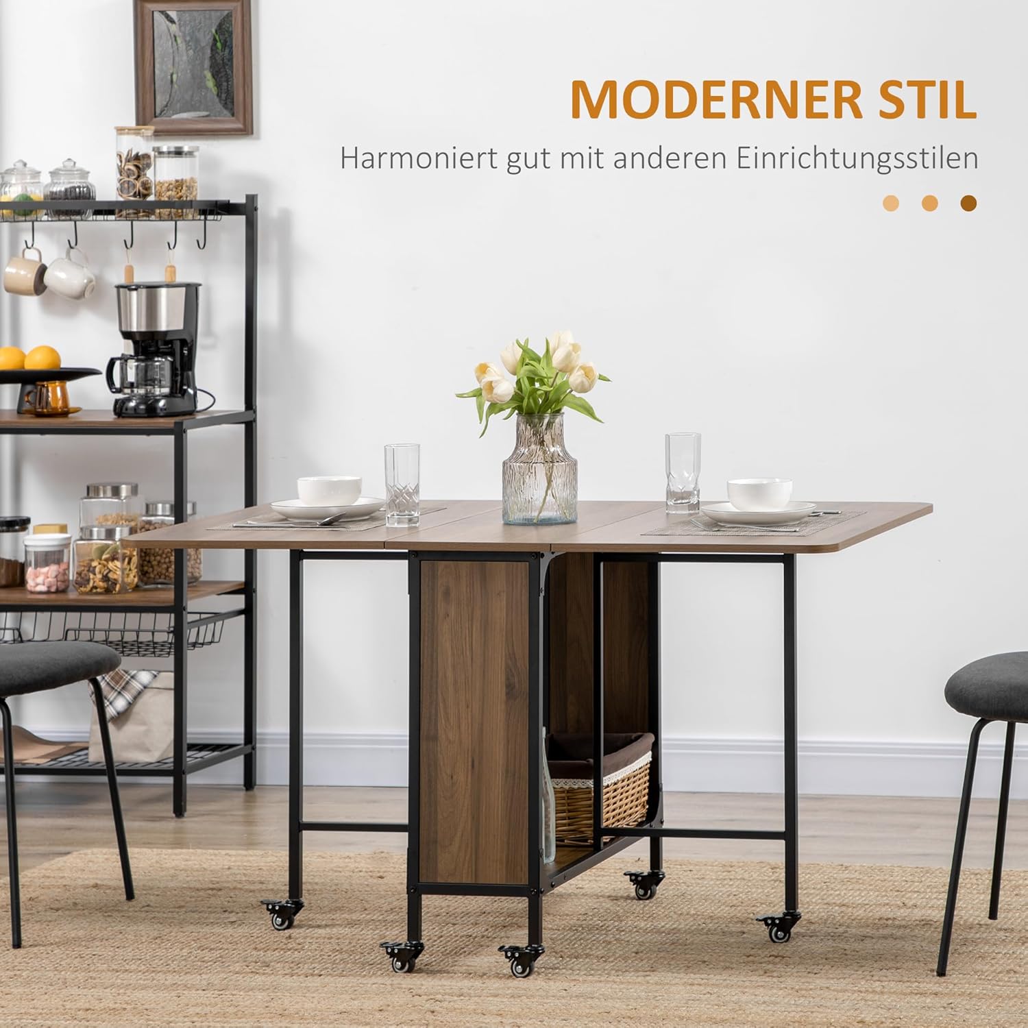 HOMCOM Klappbarer Esstisch Mobiler Klapptisch mit Offenem Regal Esszimmertisch mit Holzoptik Küchentisch für Kleine Räume, Küche, Esszimmer 130 x 80 x 74 cm Braun — Ansicht 4