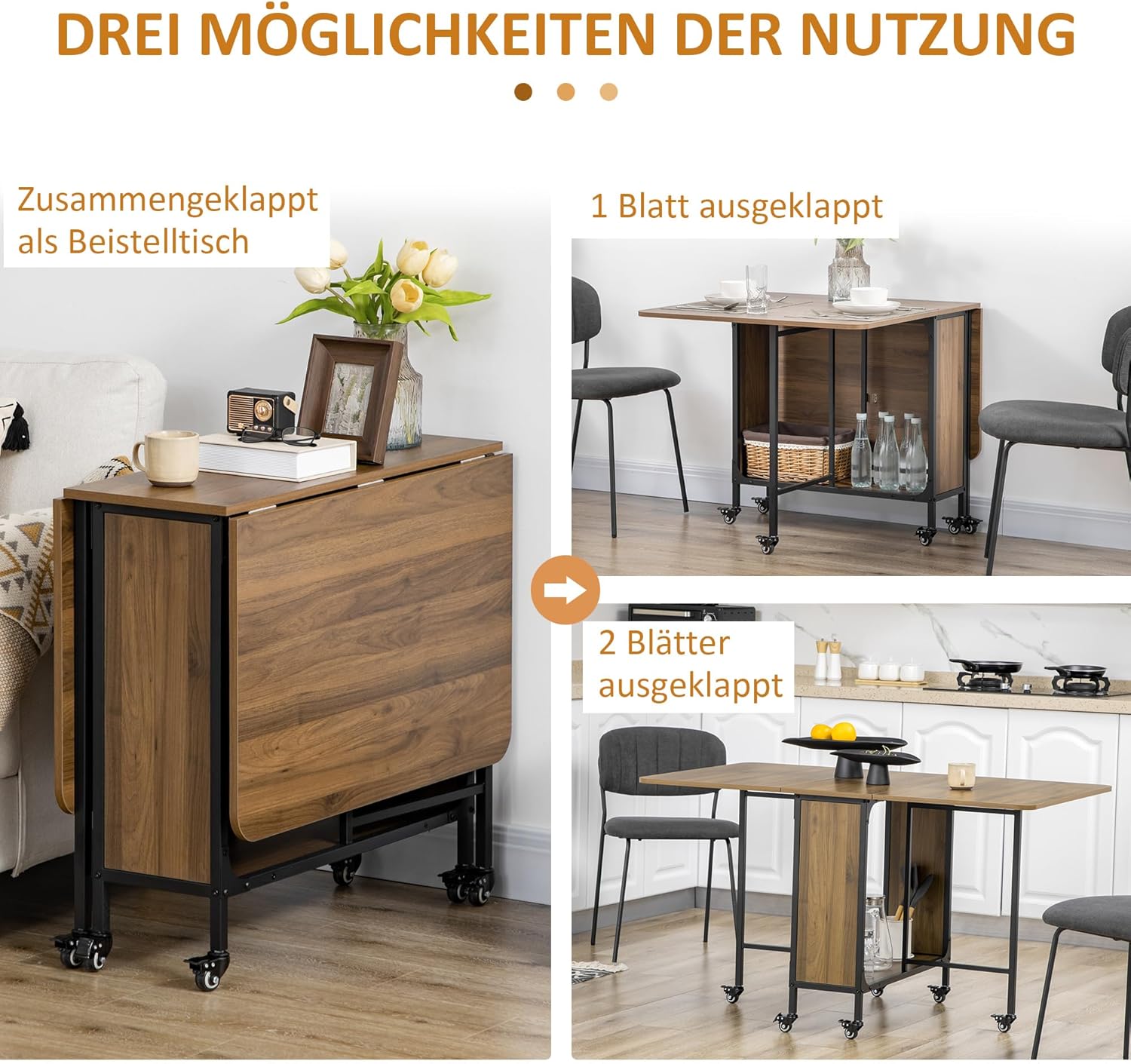 HOMCOM Klappbarer Esstisch Mobiler Klapptisch mit Offenem Regal Esszimmertisch mit Holzoptik Küchentisch für Kleine Räume, Küche, Esszimmer 130 x 80 x 74 cm Braun — Ansicht 5