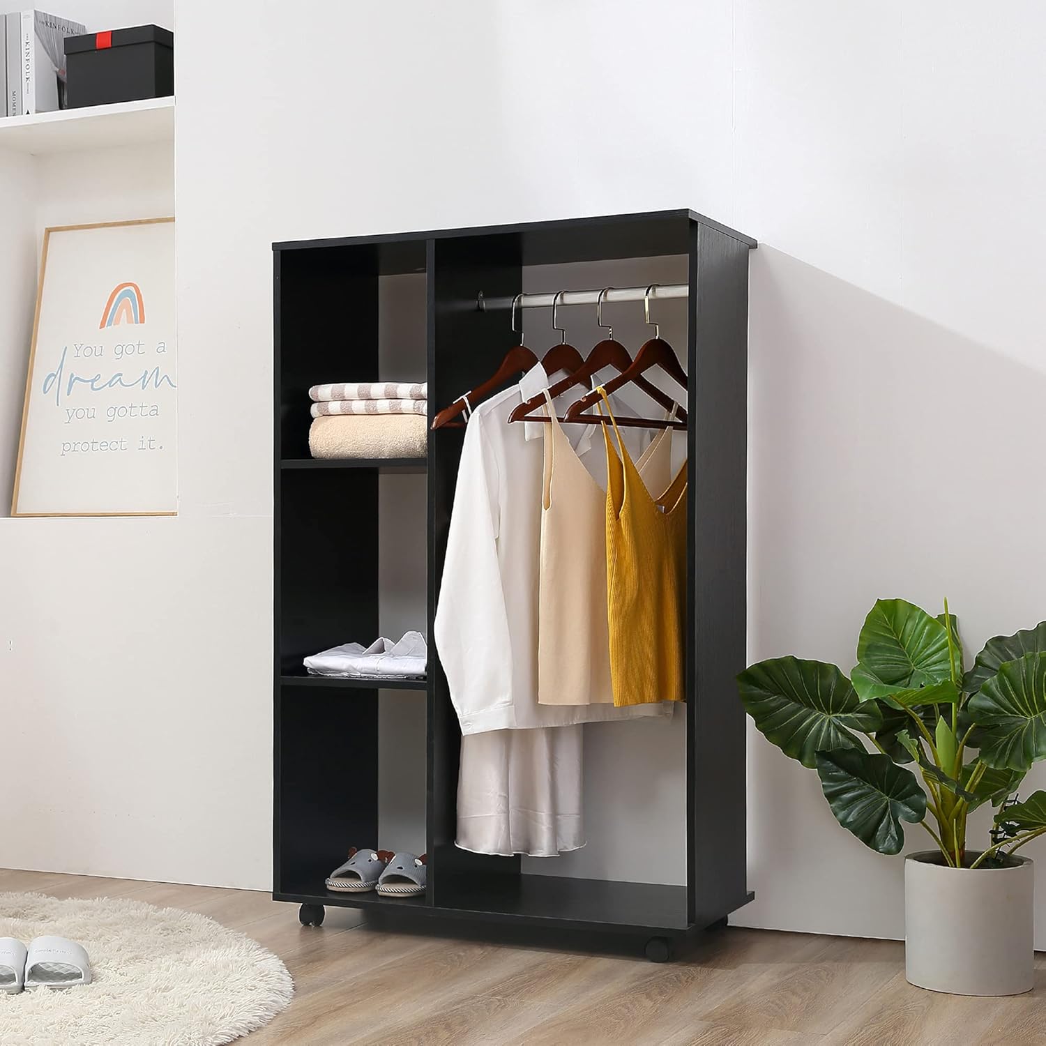 HOMCOM Kleiderschrank auf Rollen, Mobile Garderobe, 1 Kleiderstange, 3 Regale, Garderobenschrank für Flur, Schlafzimmer, 80 x 40 x 128 cm, Schwarz — Ansicht 2