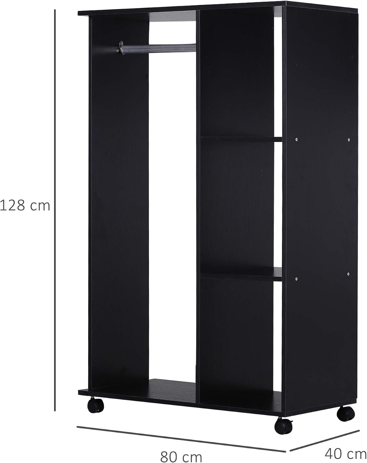 HOMCOM Kleiderschrank auf Rollen, Mobile Garderobe, 1 Kleiderstange, 3 Regale, Garderobenschrank für Flur, Schlafzimmer, 80 x 40 x 128 cm, Schwarz — Ansicht 3