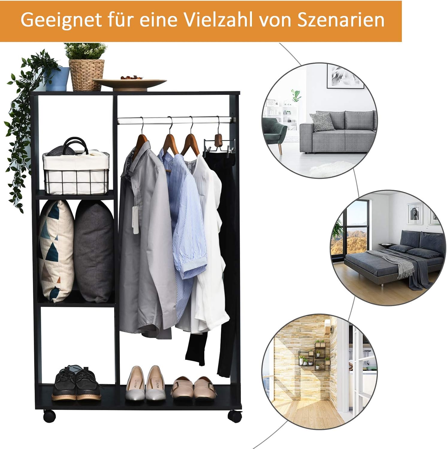 HOMCOM Kleiderschrank auf Rollen, Mobile Garderobe, 1 Kleiderstange, 3 Regale, Garderobenschrank für Flur, Schlafzimmer, 80 x 40 x 128 cm, Schwarz — Ansicht 4