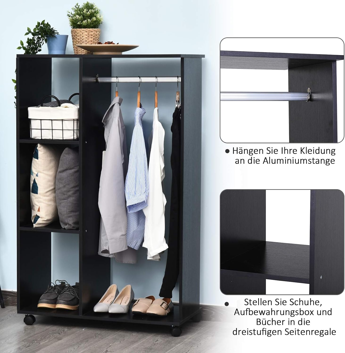 HOMCOM Kleiderschrank auf Rollen, Mobile Garderobe, 1 Kleiderstange, 3 Regale, Garderobenschrank für Flur, Schlafzimmer, 80 x 40 x 128 cm, Schwarz — Ansicht 5