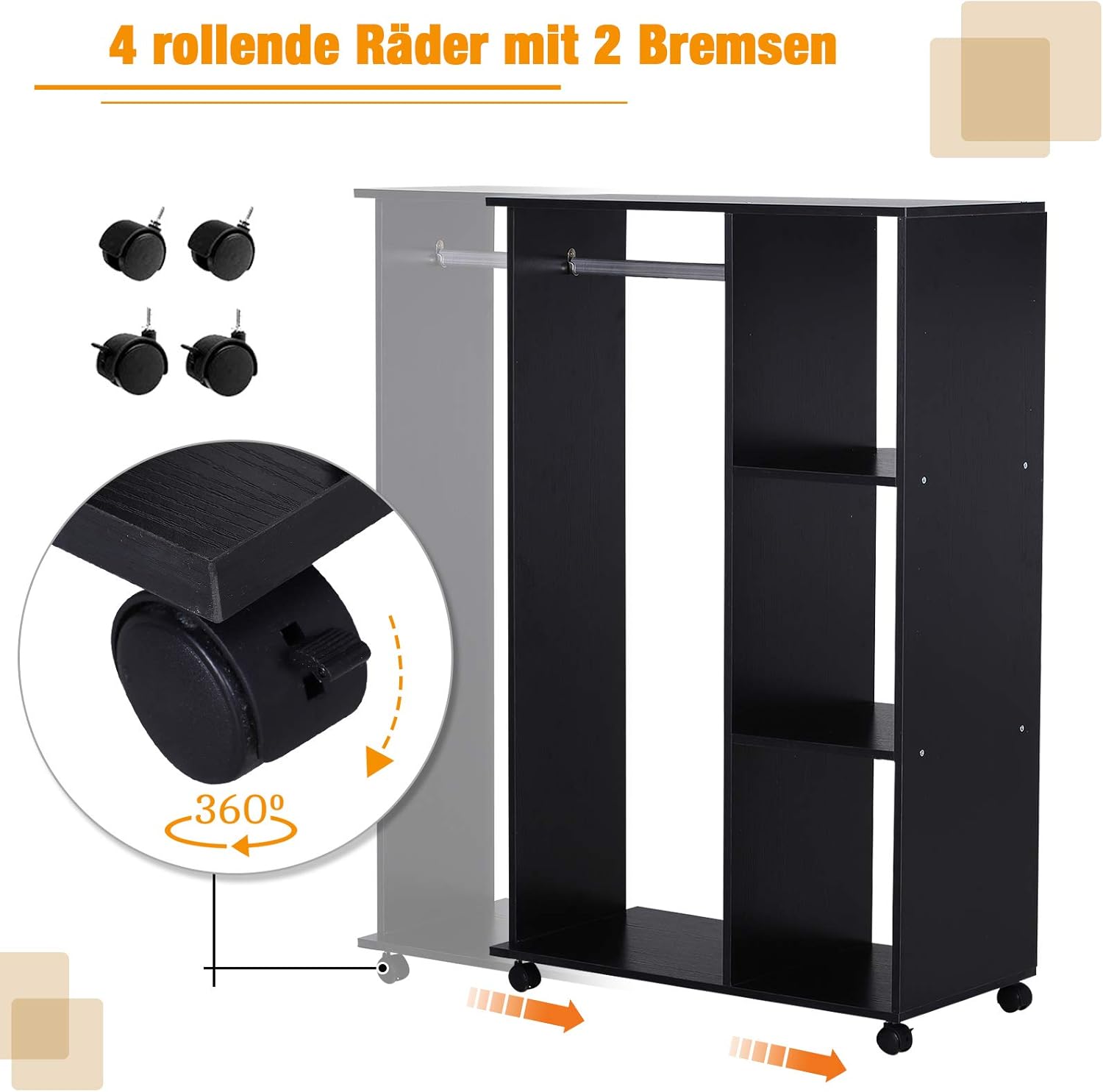 HOMCOM Kleiderschrank auf Rollen, Mobile Garderobe, 1 Kleiderstange, 3 Regale, Garderobenschrank für Flur, Schlafzimmer, 80 x 40 x 128 cm, Schwarz — Ansicht 6
