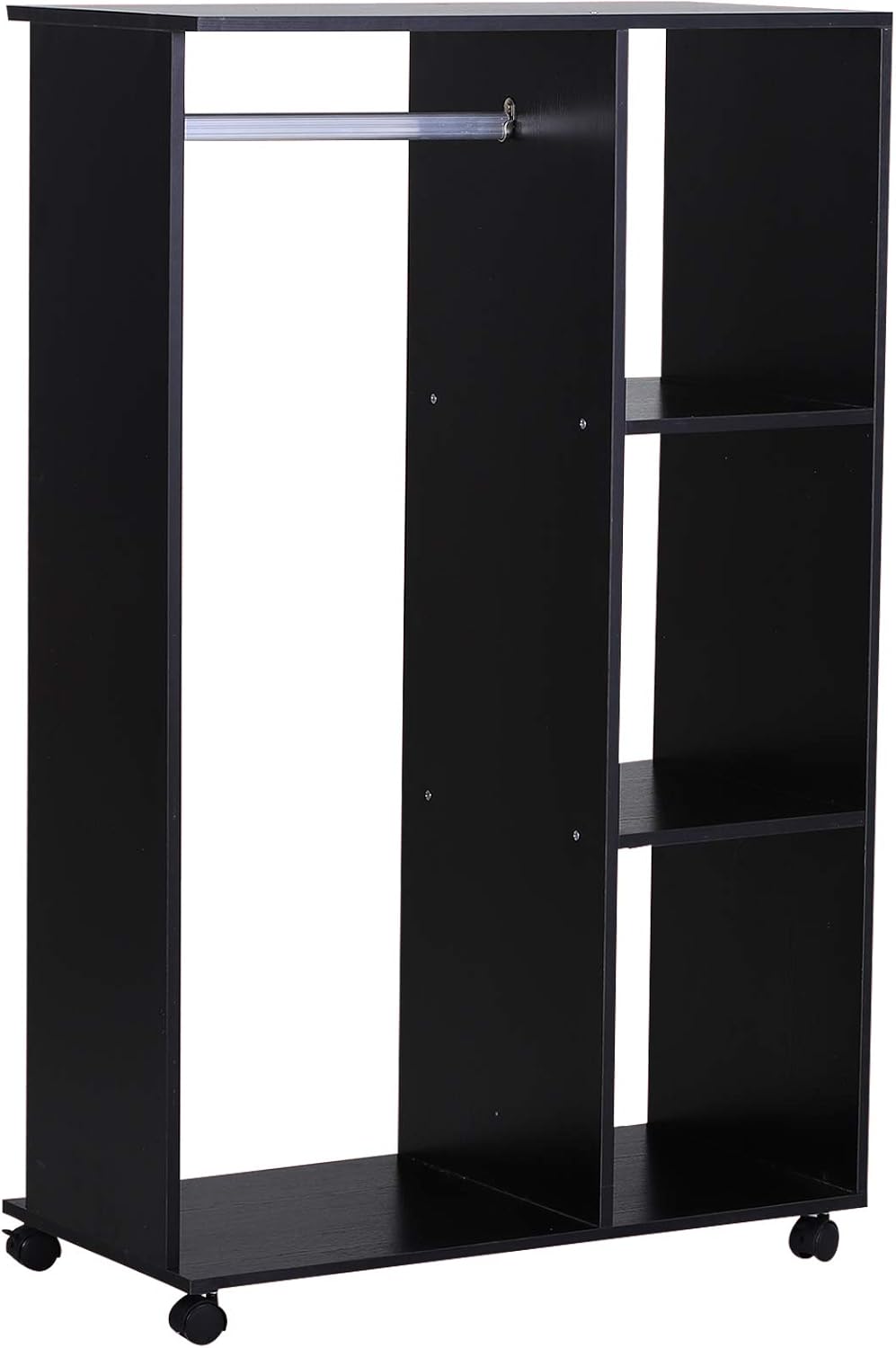 HOMCOM Kleiderschrank auf Rollen, Mobile Garderobe, 1 Kleiderstange, 3 Regale, Garderobenschrank für Flur, Schlafzimmer, 80 x 40 x 128 cm, Schwarz