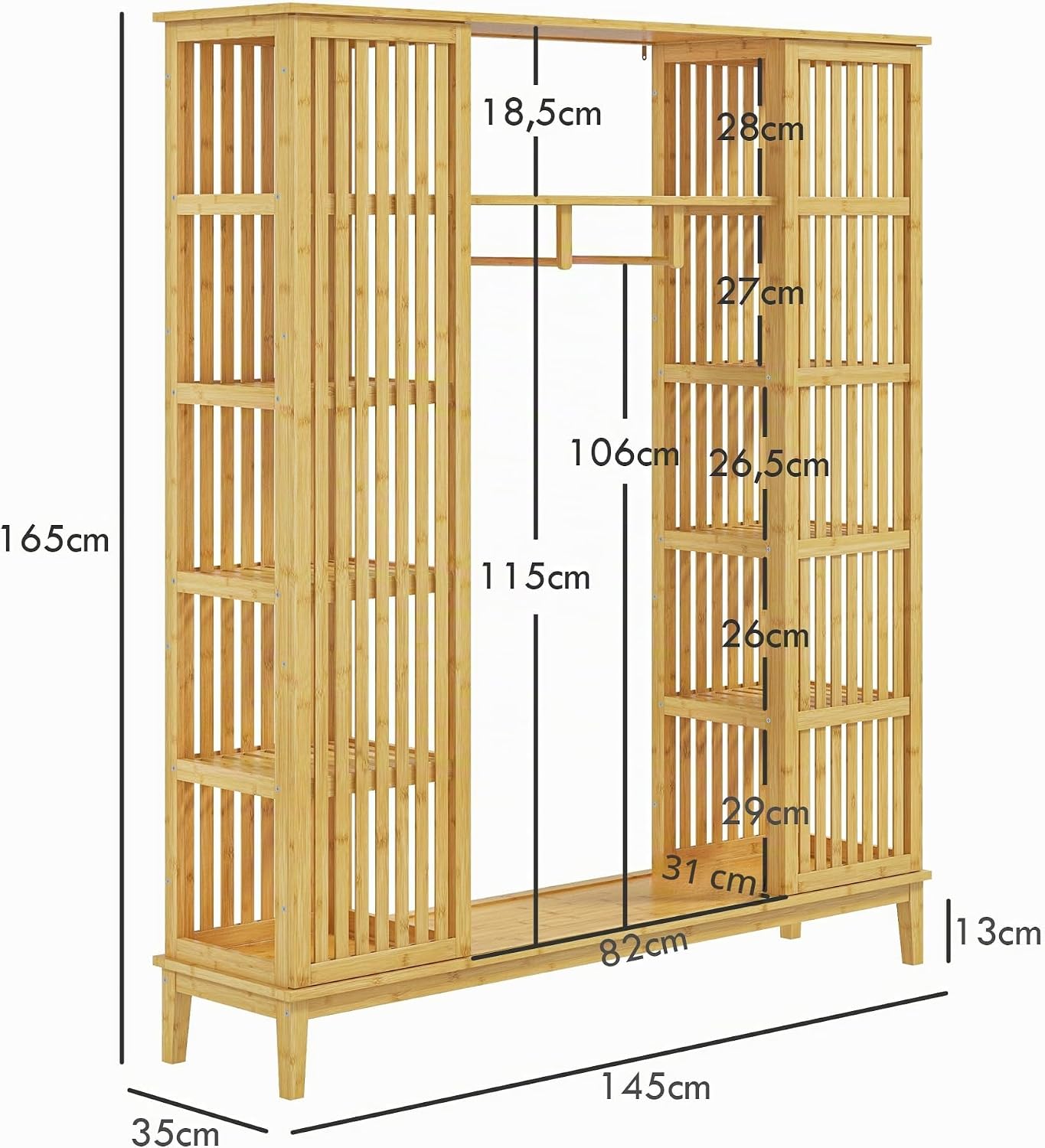 HOMCOM Kleiderschrank aus Bambus Aufbewahrungsschrank mit 2 Schiebetüren, offenen Regalen und Kleiderstange für das Schlafzimmer, 145 x 35 x 165cm, Naturholz-Finish — Ansicht 3