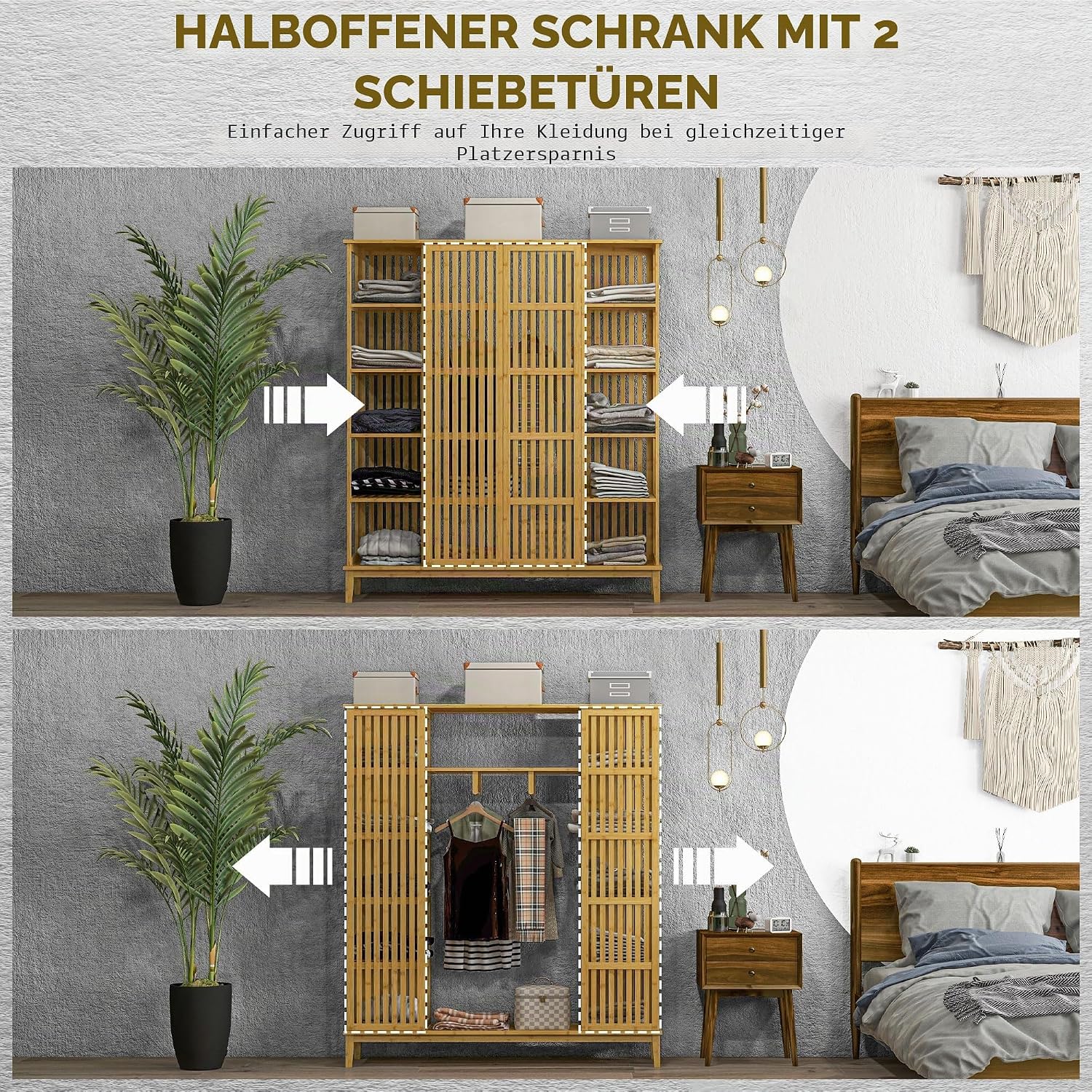 HOMCOM Kleiderschrank aus Bambus Aufbewahrungsschrank mit 2 Schiebetüren, offenen Regalen und Kleiderstange für das Schlafzimmer, 145 x 35 x 165cm, Naturholz-Finish — Ansicht 5