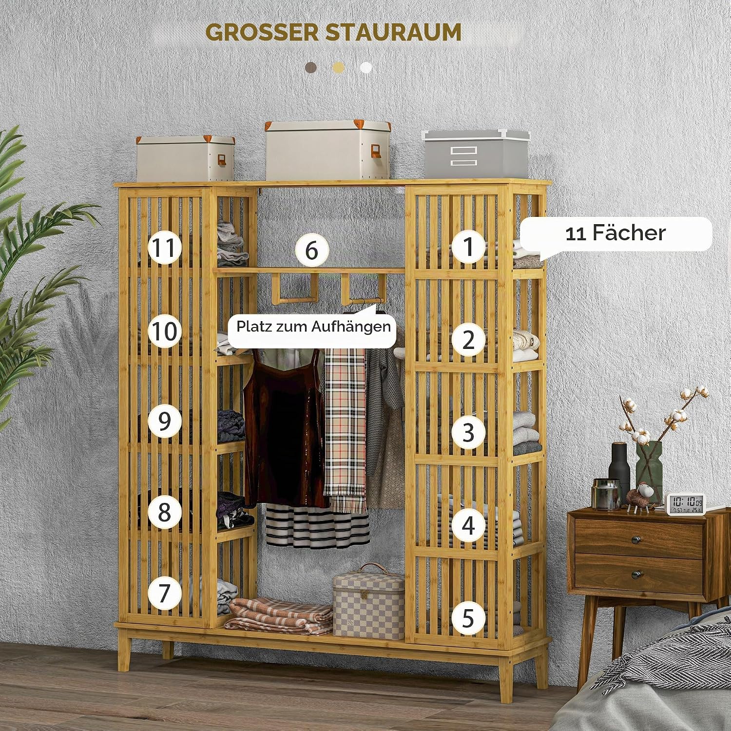HOMCOM Kleiderschrank aus Bambus Aufbewahrungsschrank mit 2 Schiebetüren, offenen Regalen und Kleiderstange für das Schlafzimmer, 145 x 35 x 165cm, Naturholz-Finish — Ansicht 6