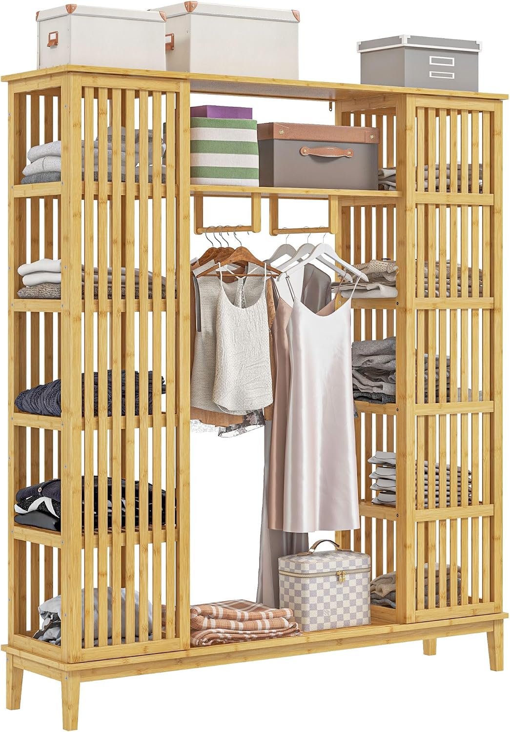 HOMCOM Kleiderschrank aus Bambus Aufbewahrungsschrank mit 2 Schiebetüren, offenen Regalen und Kleiderstange für das Schlafzimmer, 145 x 35 x 165cm, Naturholz-Finish