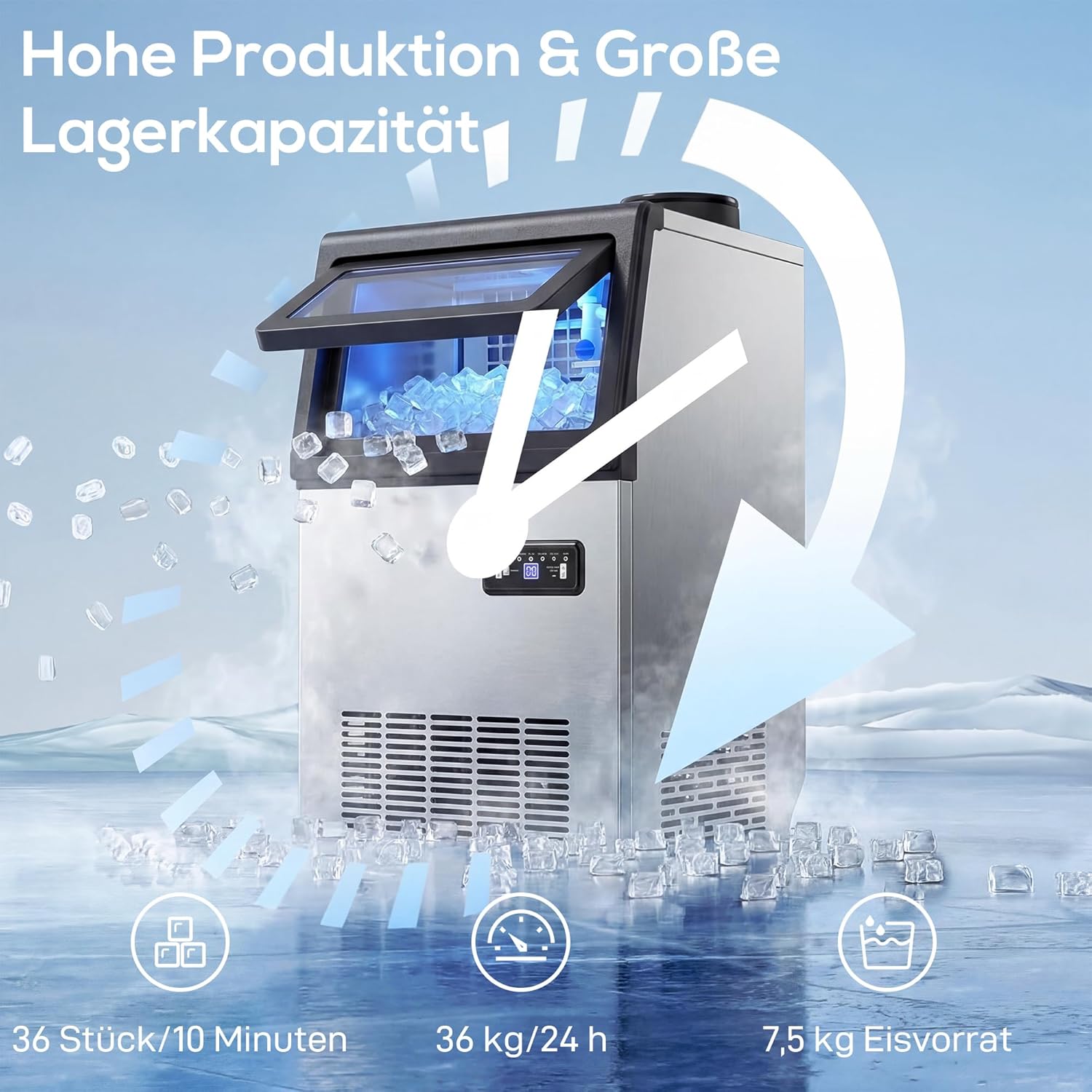 HOMCOM Kommerzielle Eiswürfelmaschine 36kg/24H selbstreinigend Eismaschine mit 7,5 kg Speicher, Timer, Ice Maker Machine aus Edelstahl mit Eisschaufel für Bar, Büro, Restaurant, Café — Ansicht 3