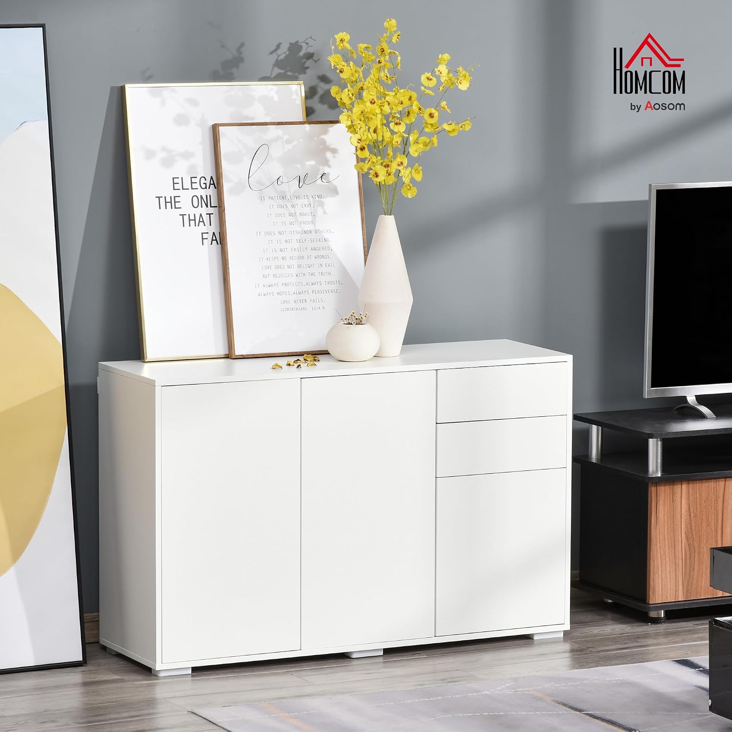 HOMCOM Kommode mit 2 Schubladen und 3 Türen, verstellbaren Ablagen, Sideboard Aufbewahrungsschrank Schubladenschrank für Wohnzimmer Schlafzimmer 117 x 36 x 74 cm Weiß — Ansicht 2