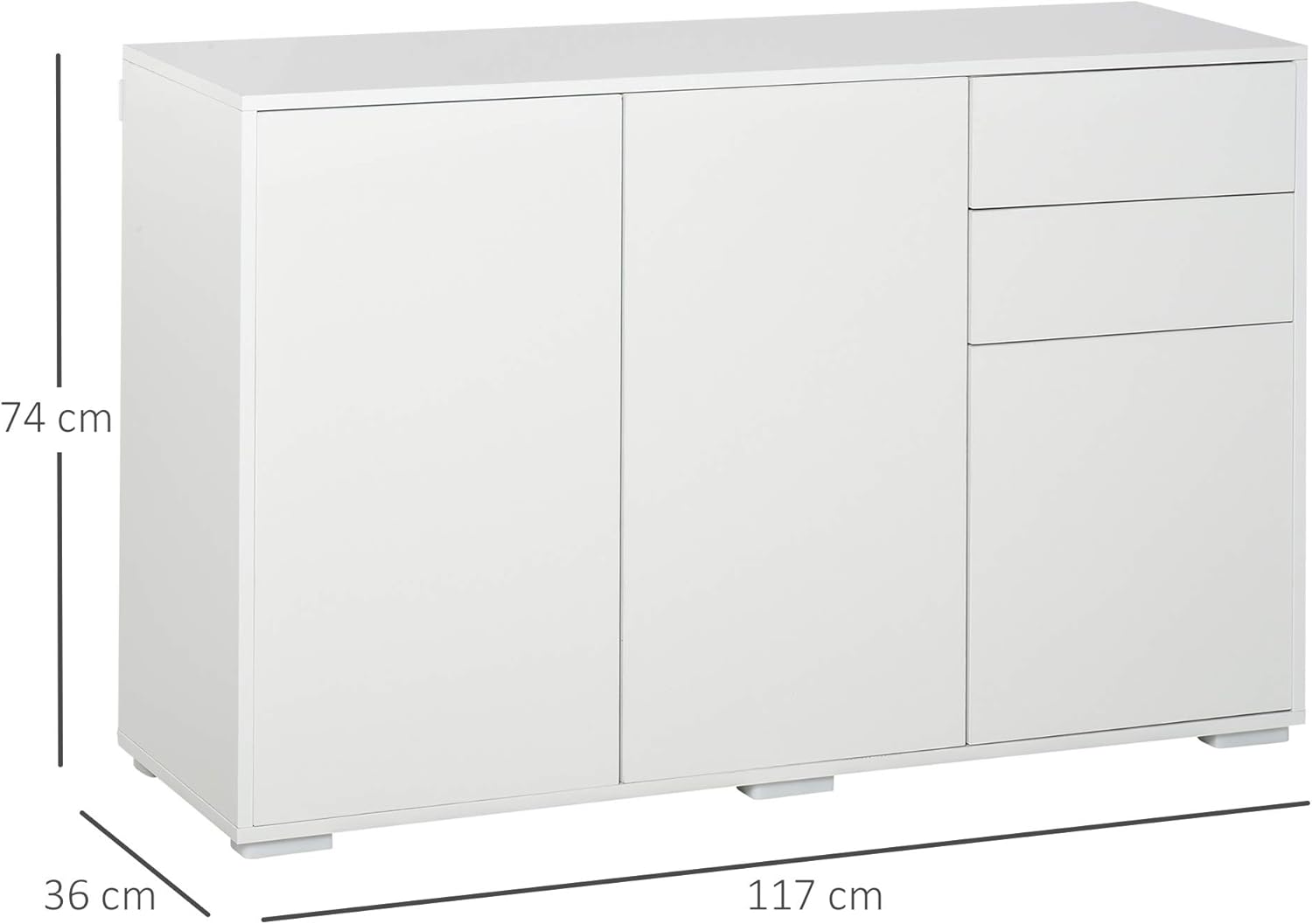 HOMCOM Kommode mit 2 Schubladen und 3 Türen, verstellbaren Ablagen, Sideboard Aufbewahrungsschrank Schubladenschrank für Wohnzimmer Schlafzimmer 117 x 36 x 74 cm Weiß — Ansicht 3
