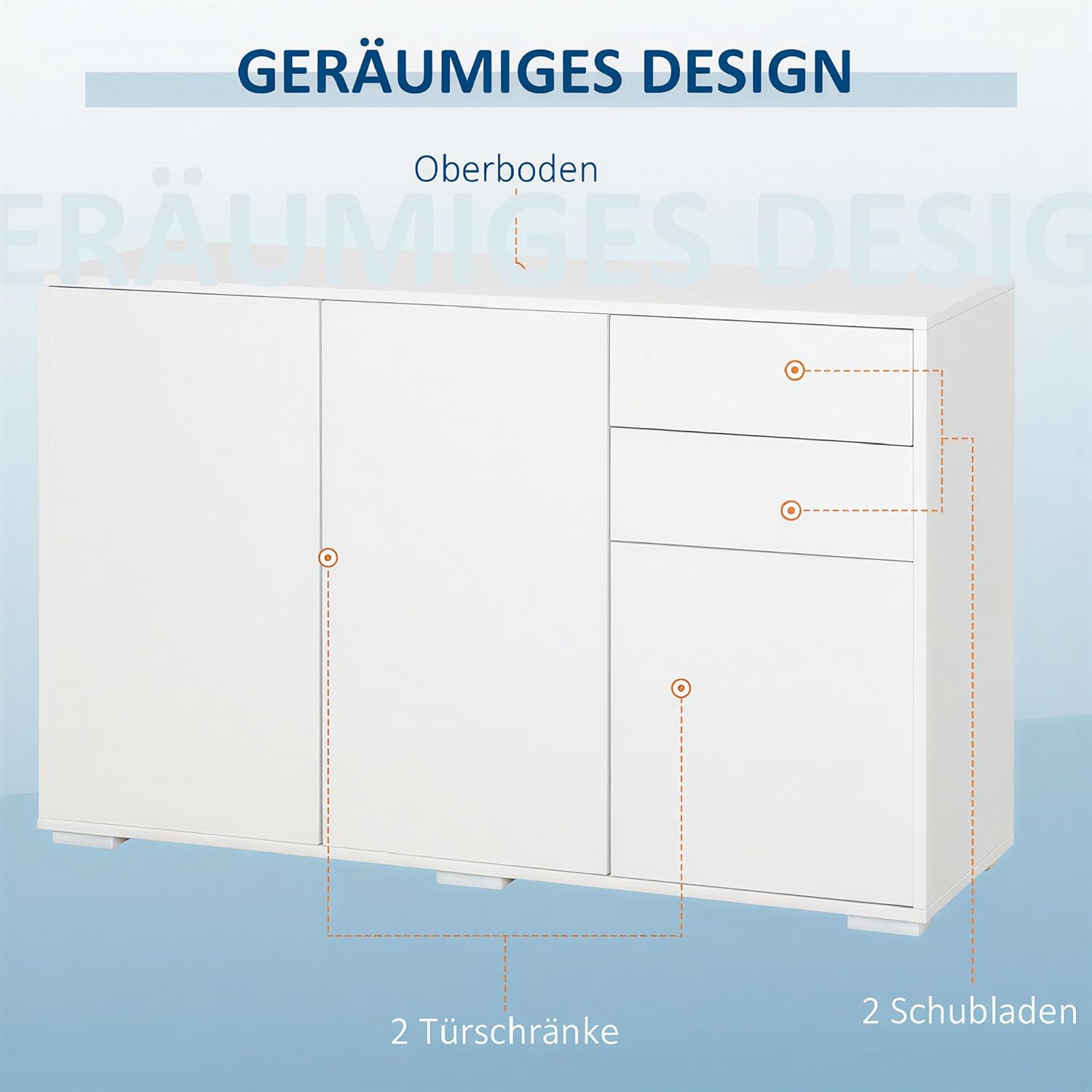 HOMCOM Kommode mit 2 Schubladen und 3 Türen, verstellbaren Ablagen, Sideboard Aufbewahrungsschrank Schubladenschrank für Wohnzimmer Schlafzimmer 117 x 36 x 74 cm Weiß — Ansicht 4