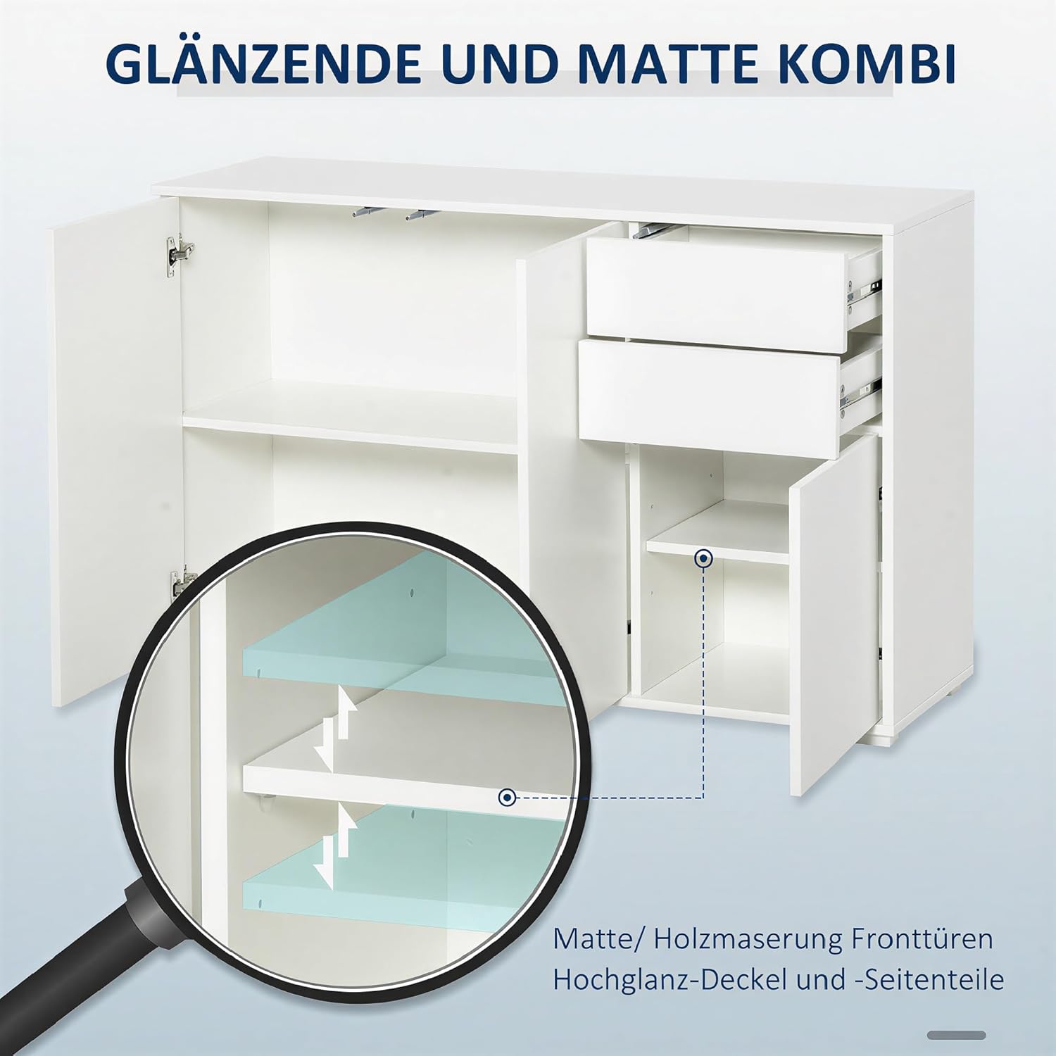 HOMCOM Kommode mit 2 Schubladen und 3 Türen, verstellbaren Ablagen, Sideboard Aufbewahrungsschrank Schubladenschrank für Wohnzimmer Schlafzimmer 117 x 36 x 74 cm Weiß — Ansicht 5