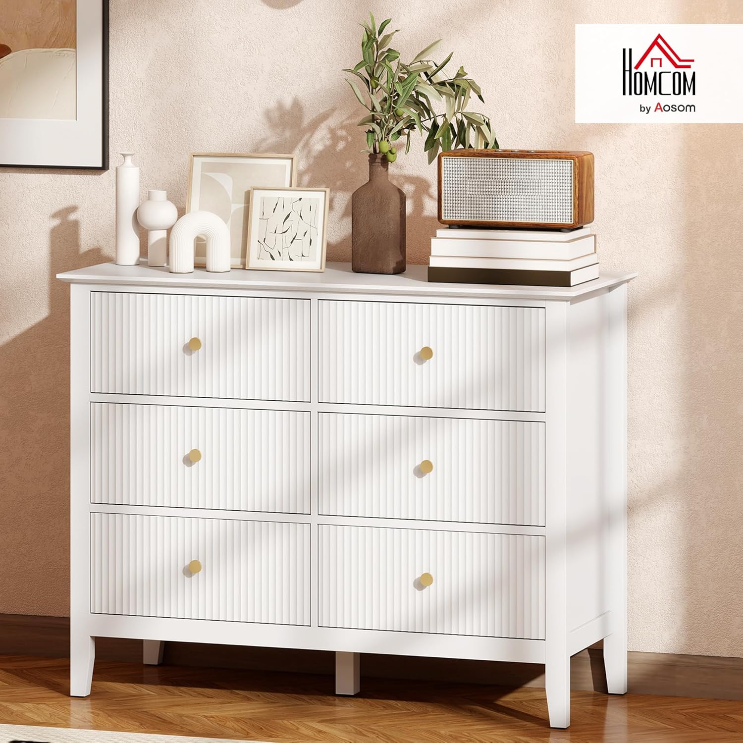 HOMCOM Kommode Sideboard mit 6 Schubladen Moderner Aufbewahrungsschrank Schubladenschrank für Wohnzimmer Schlafzimmer Flur 100 x 40 x 78 cm Weiß — Ansicht 2