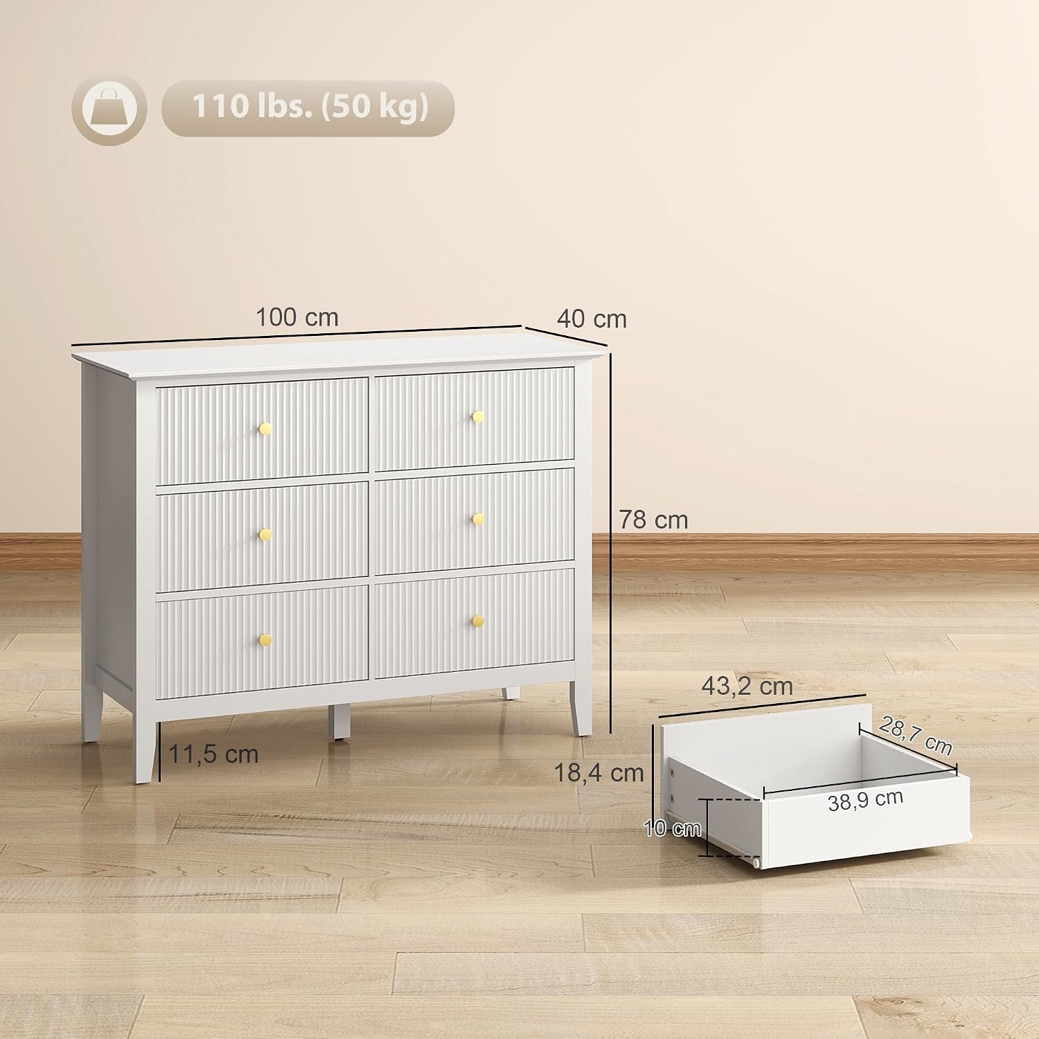 HOMCOM Kommode Sideboard mit 6 Schubladen Moderner Aufbewahrungsschrank Schubladenschrank für Wohnzimmer Schlafzimmer Flur 100 x 40 x 78 cm Weiß — Ansicht 3