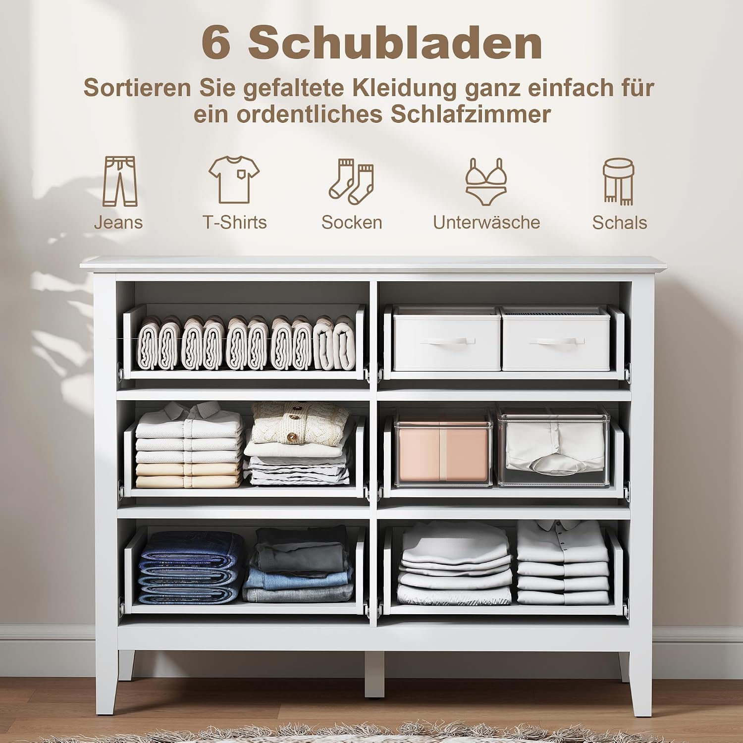 HOMCOM Kommode Sideboard mit 6 Schubladen Moderner Aufbewahrungsschrank Schubladenschrank für Wohnzimmer Schlafzimmer Flur 100 x 40 x 78 cm Weiß — Ansicht 4