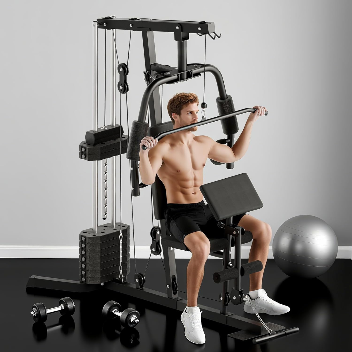 HOMCOM Kompakte Kraftstation, Multifunktionale Fitnessstation, Multistation mit Butterfly, Bizepscurl, Latzug, Beinstrecker, 45 kg Gewichtsblock Krafttraining Schwarz — Ansicht 2