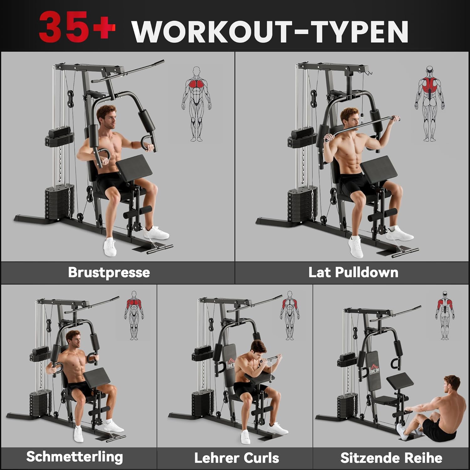 HOMCOM Kompakte Kraftstation, Multifunktionale Fitnessstation, Multistation mit Butterfly, Bizepscurl, Latzug, Beinstrecker, 45 kg Gewichtsblock Krafttraining Schwarz — Ansicht 3