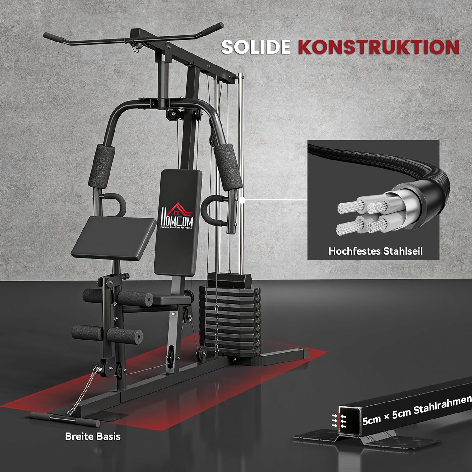 HOMCOM Kompakte Kraftstation, Multifunktionale Fitnessstation, Multistation mit Butterfly, Bizepscurl, Latzug, Beinstrecker, 45 kg Gewichtsblock Krafttraining Schwarz — Ansicht 5