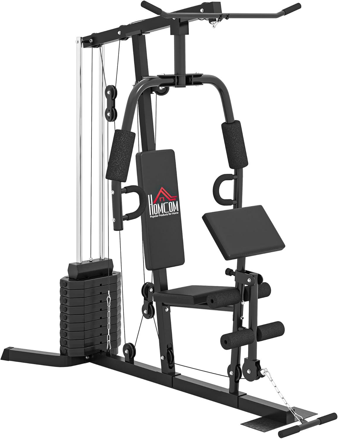 HOMCOM Kompakte Kraftstation, Multifunktionale Fitnessstation, Multistation mit Butterfly, Bizepscurl, Latzug, Beinstrecker, 45 kg Gewichtsblock Krafttraining Schwarz