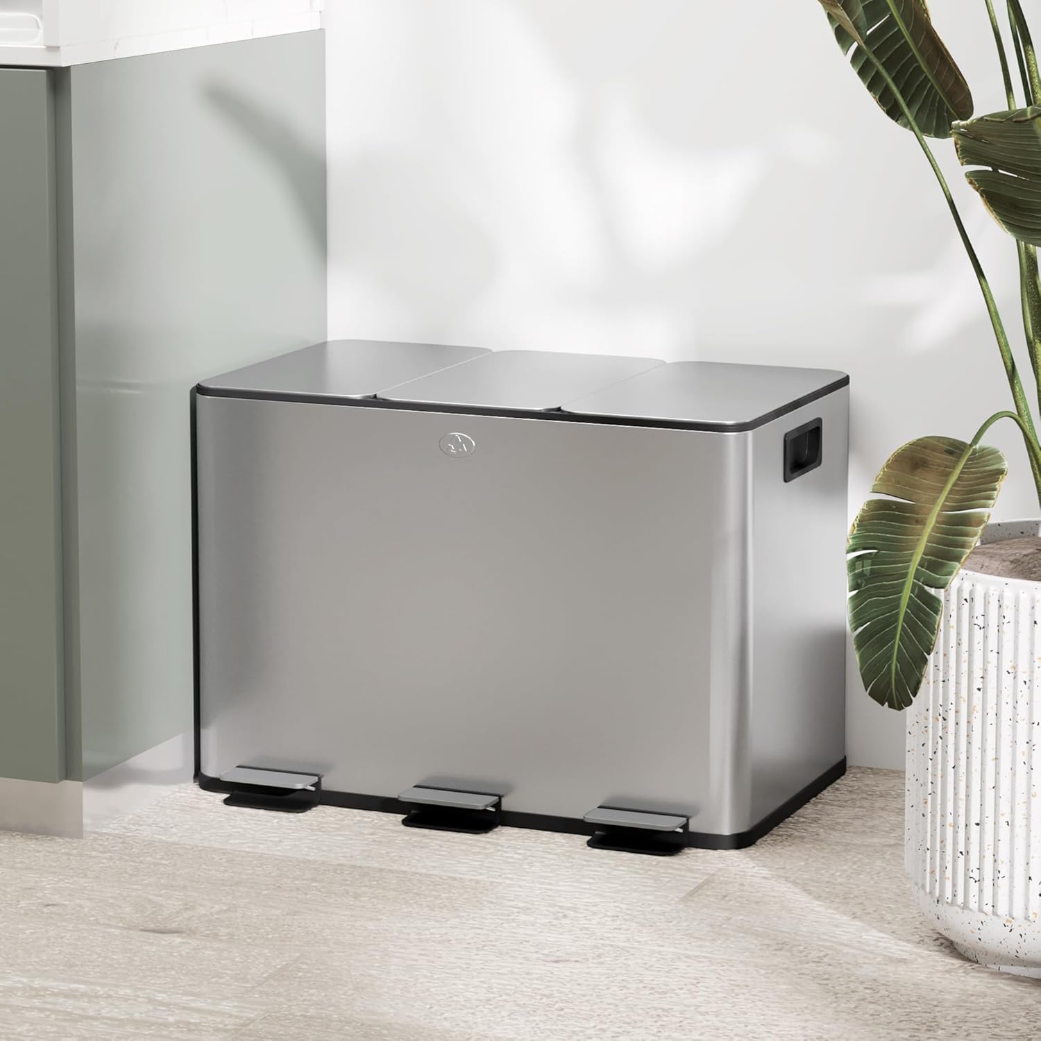 HOMCOM Küchenabfalleimer 3 x 10 l, Abfalltrennsystem aus Edelstahl, 3 Fächer, Pedal, herausnehmbare Inneneimer, sanft schließender Deckel und Griffe, silberfarben, fingerabdruckfrei — Ansicht 2